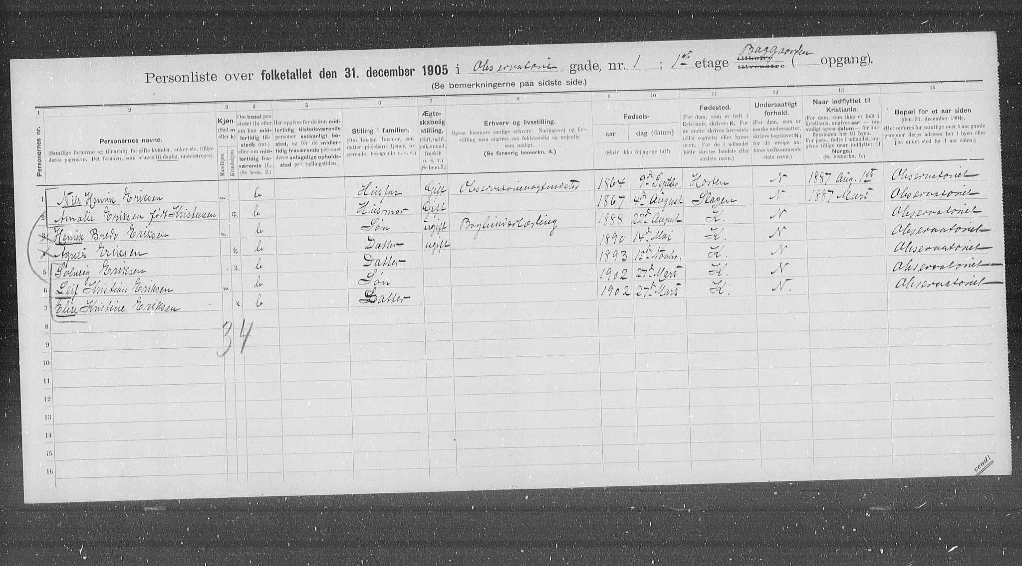 OBA, Municipal Census 1905 for Kristiania, 1905, p. 39063