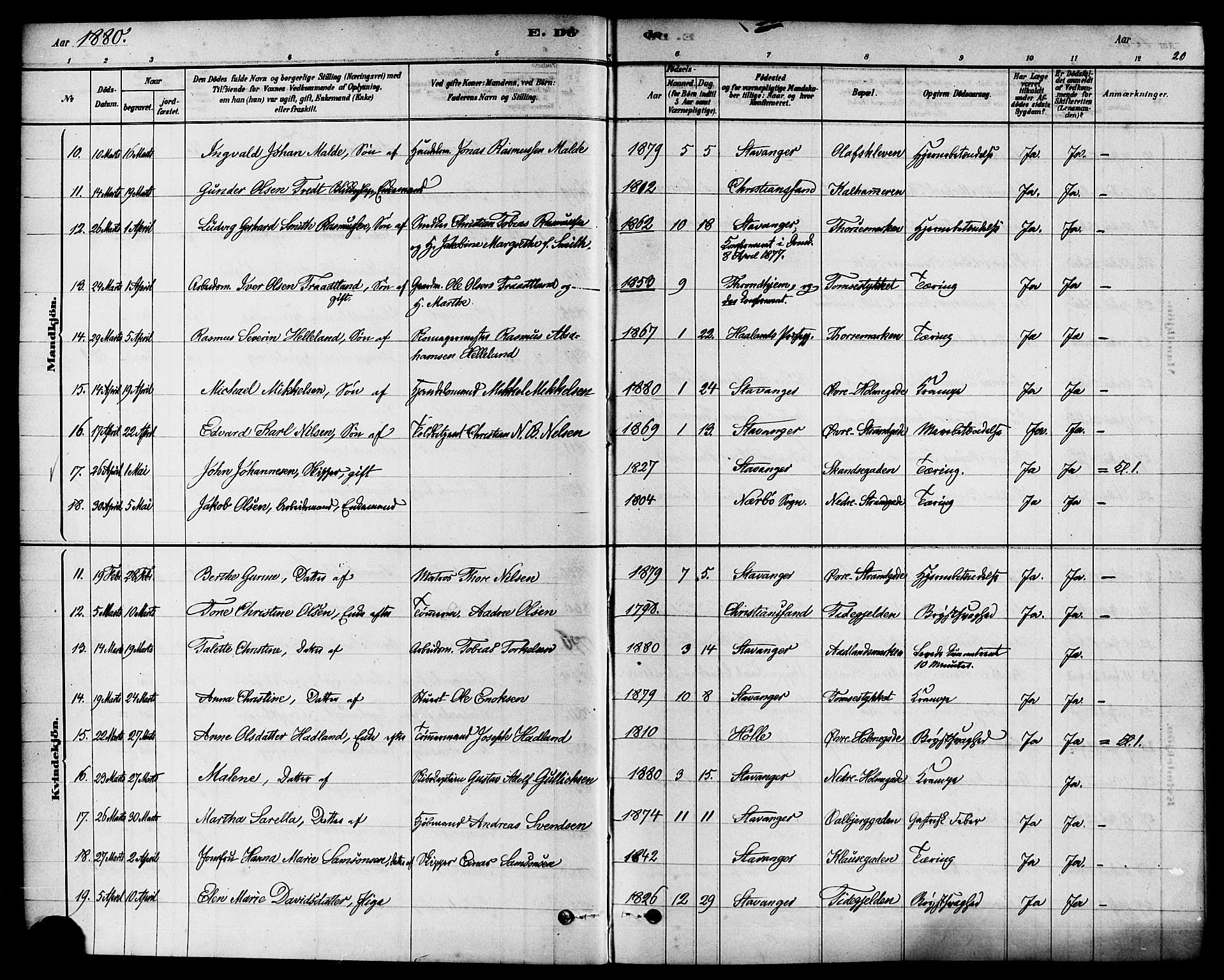 Domkirken sokneprestkontor, SAST/A-101812/001/30/30BA/L0027: Parish register (official) no. A 26, 1878-1896, p. 20