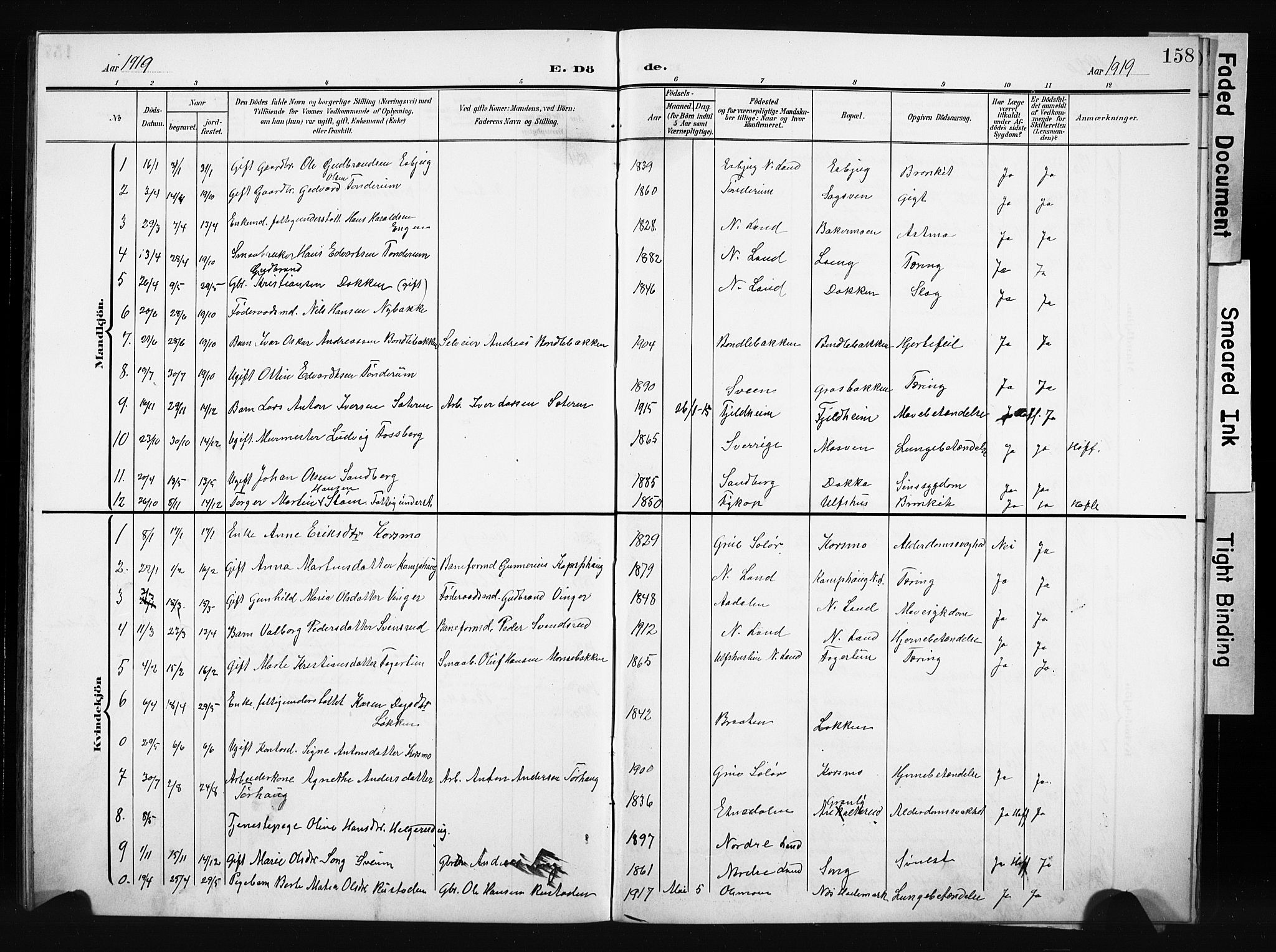 Nordre Land prestekontor, AV/SAH-PREST-124/H/Ha/Hab/L0006: Parish register (copy) no. 6, 1905-1929, p. 158