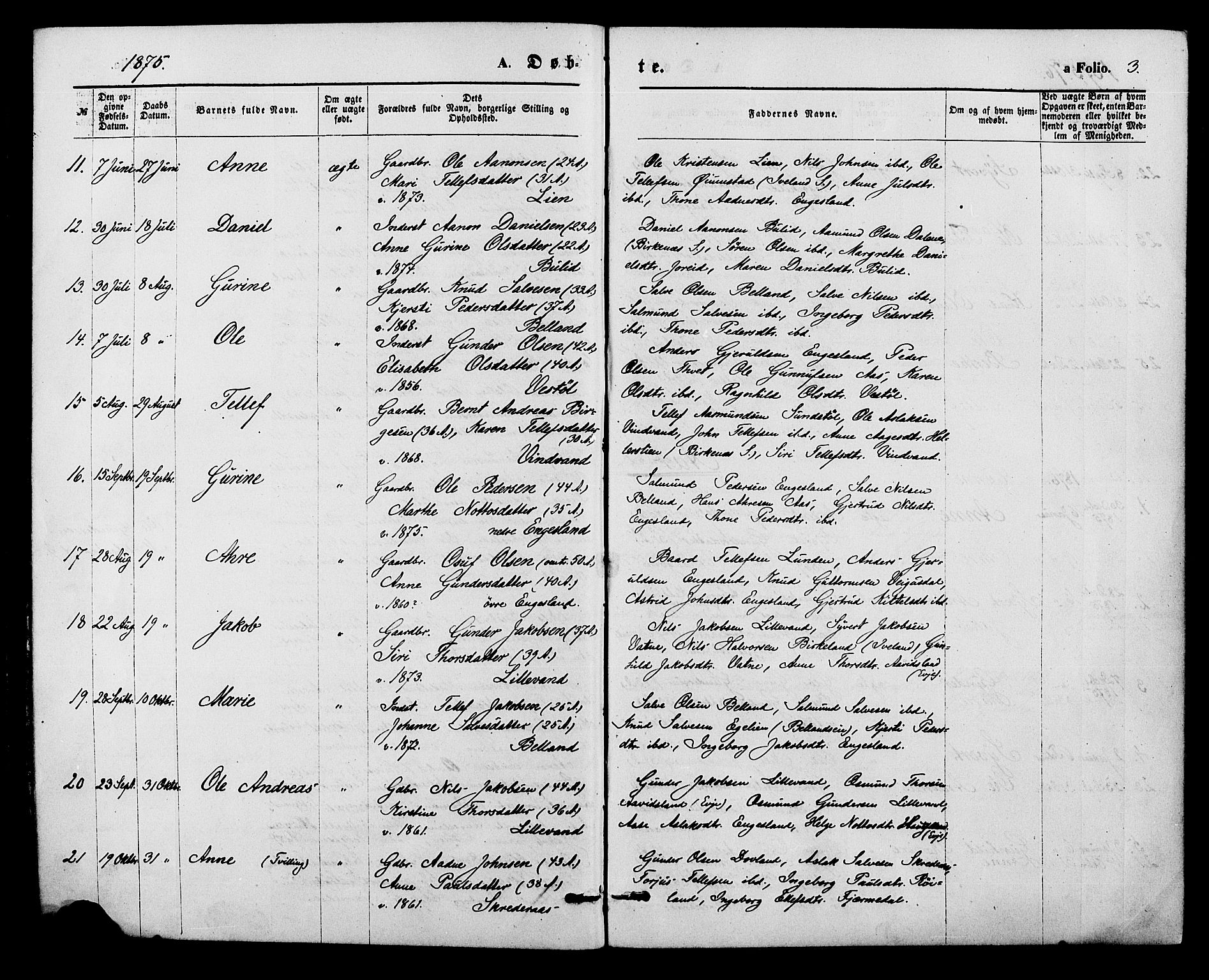 Herefoss sokneprestkontor, SAK/1111-0019/F/Fa/Fab/L0003: Parish register (official) no. A 3, 1875-1886, p. 3