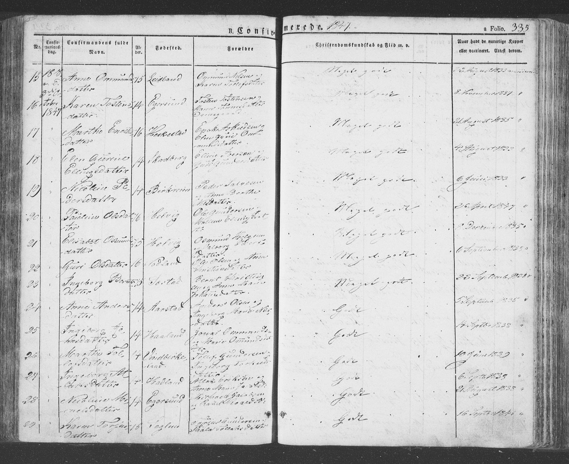 Eigersund sokneprestkontor, AV/SAST-A-101807/S08/L0009: Parish register (official) no. A 9, 1827-1850, p. 335