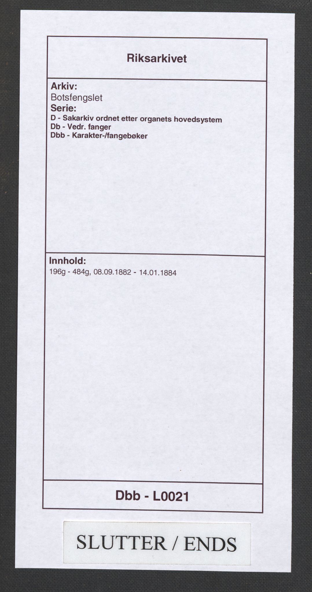 Botsfengslet, AV/RA-S-1539/D/Db/Dbb/L0021: 196g - 484g, 1882-1884