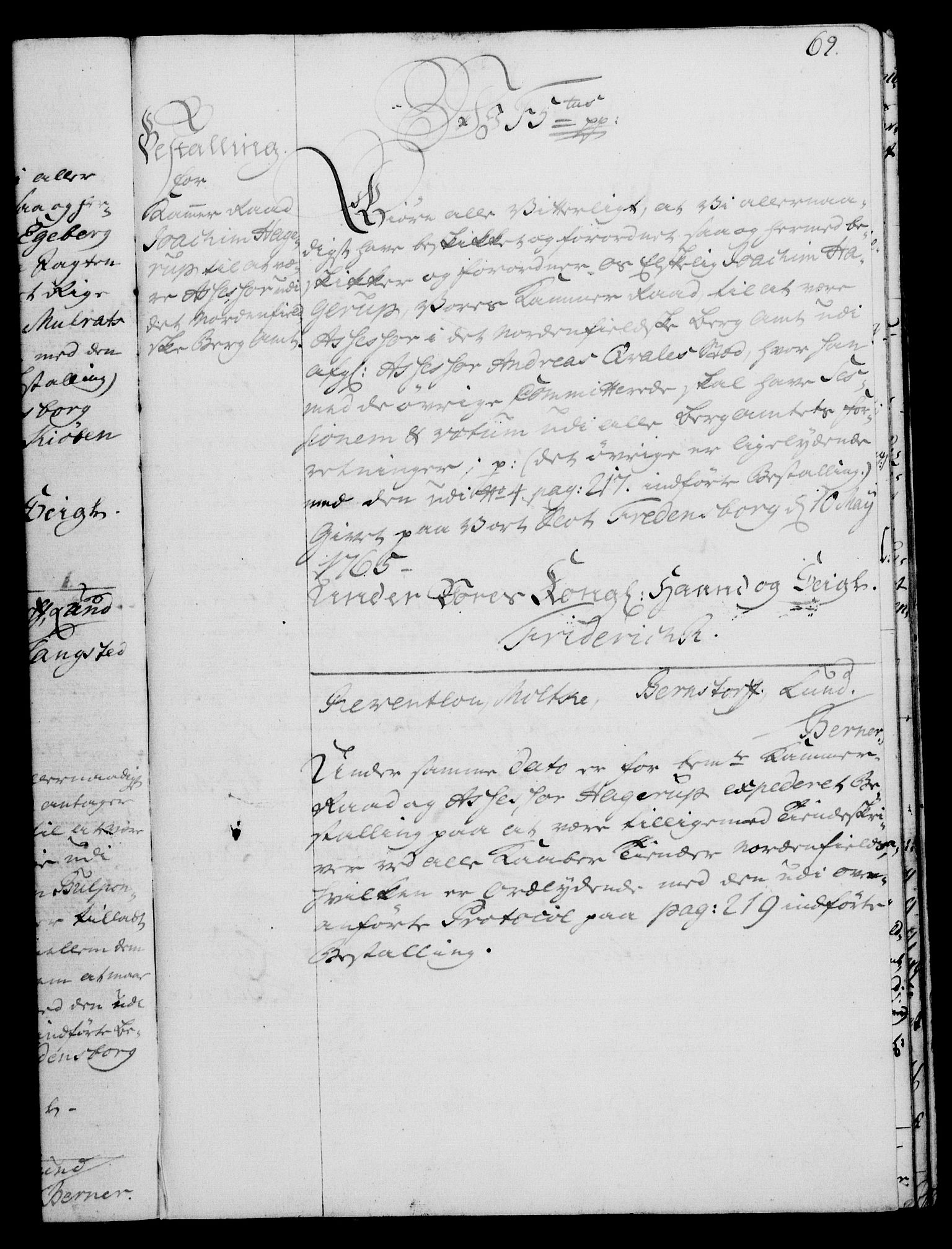 Rentekammeret, Kammerkanselliet, RA/EA-3111/G/Gg/Gge/L0004: Norsk bestallingsprotokoll med register (merket RK 53.28), 1762-1771, p. 69