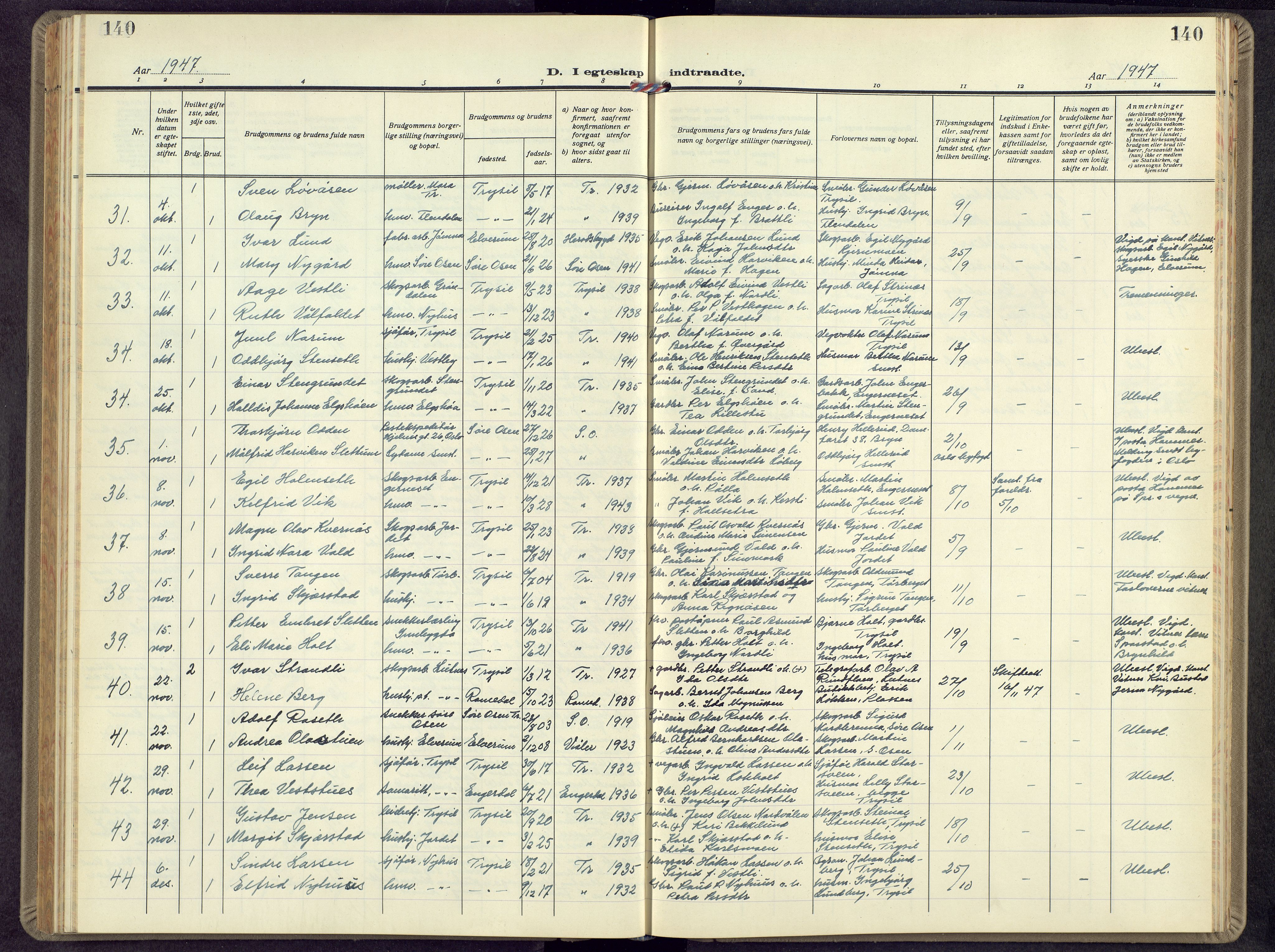 Trysil prestekontor, SAH/PREST-046/H/Ha/Hab/L0012: Parish register (copy) no. 12, 1938-1959, p. 140