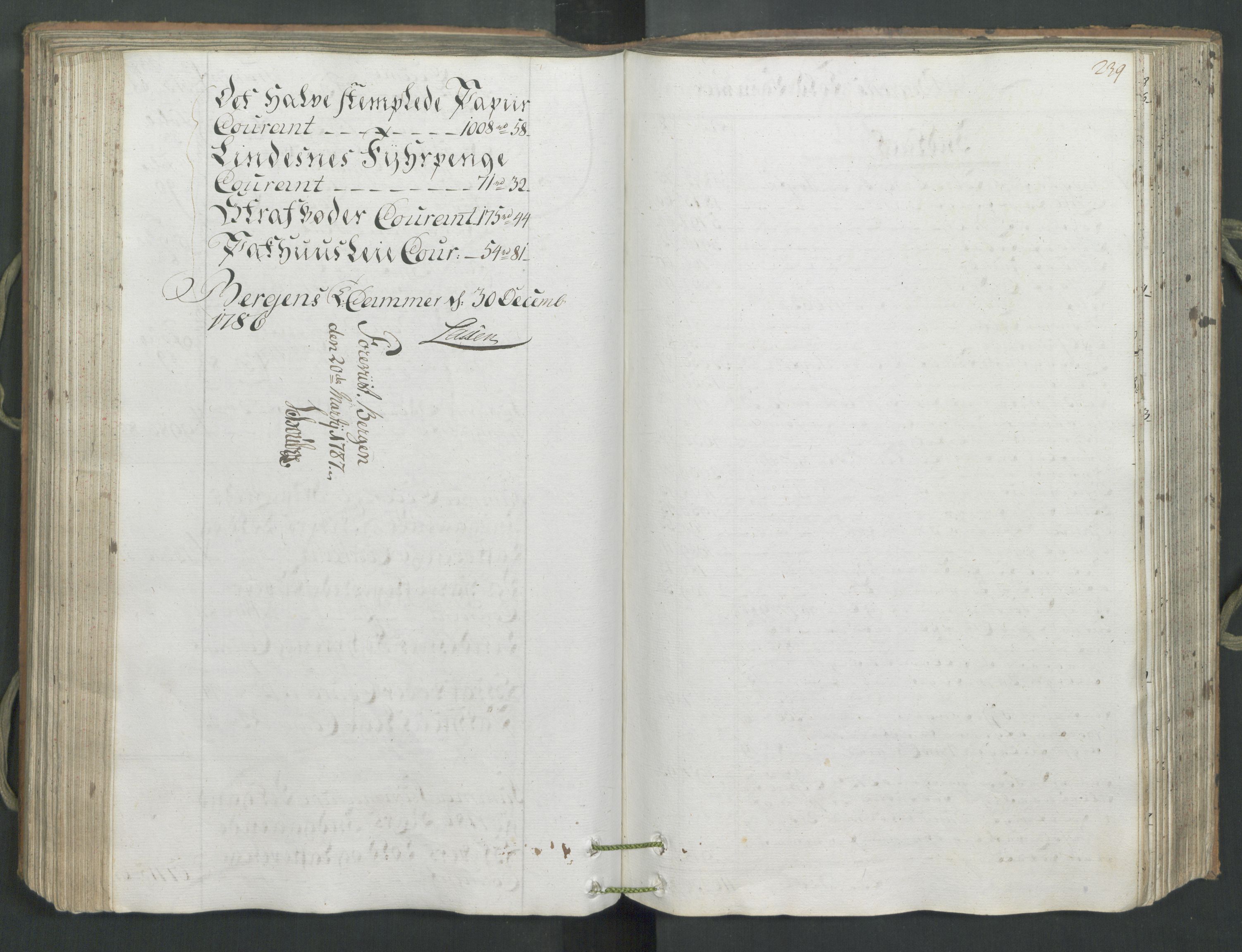 Generaltollkammeret, tollregnskaper, AV/RA-EA-5490/R26/L0222/0001: Tollregnskaper Bergen A / Inngående hovedtollbok, 1786, p. 238b-239a