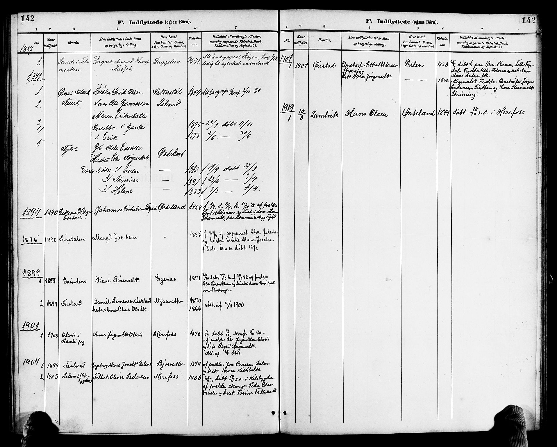 Herefoss sokneprestkontor, AV/SAK-1111-0019/F/Fb/Fba/L0003: Parish register (copy) no. B 3, 1887-1925, p. 142