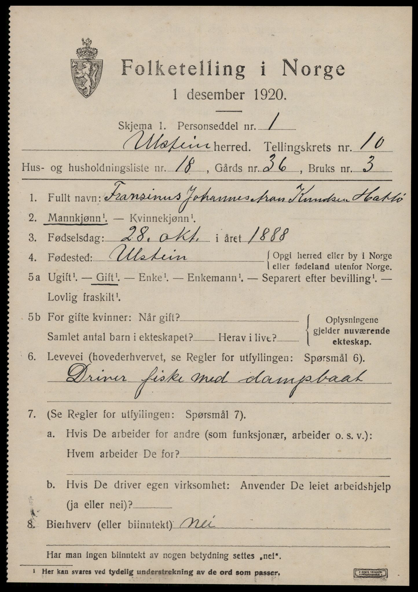 SAT, 1920 census for Ulstein, 1920, p. 5578