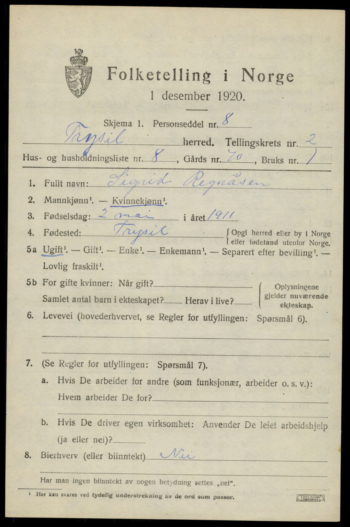 SAH, 1920 census for Trysil, 1920, p. 3181