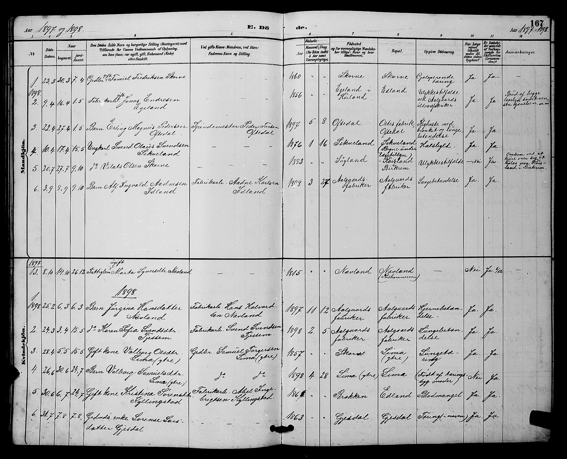 Lye sokneprestkontor, SAST/A-101794/001/30BB/L0008: Parish register (copy) no. B 7, 1887-1901, p. 167