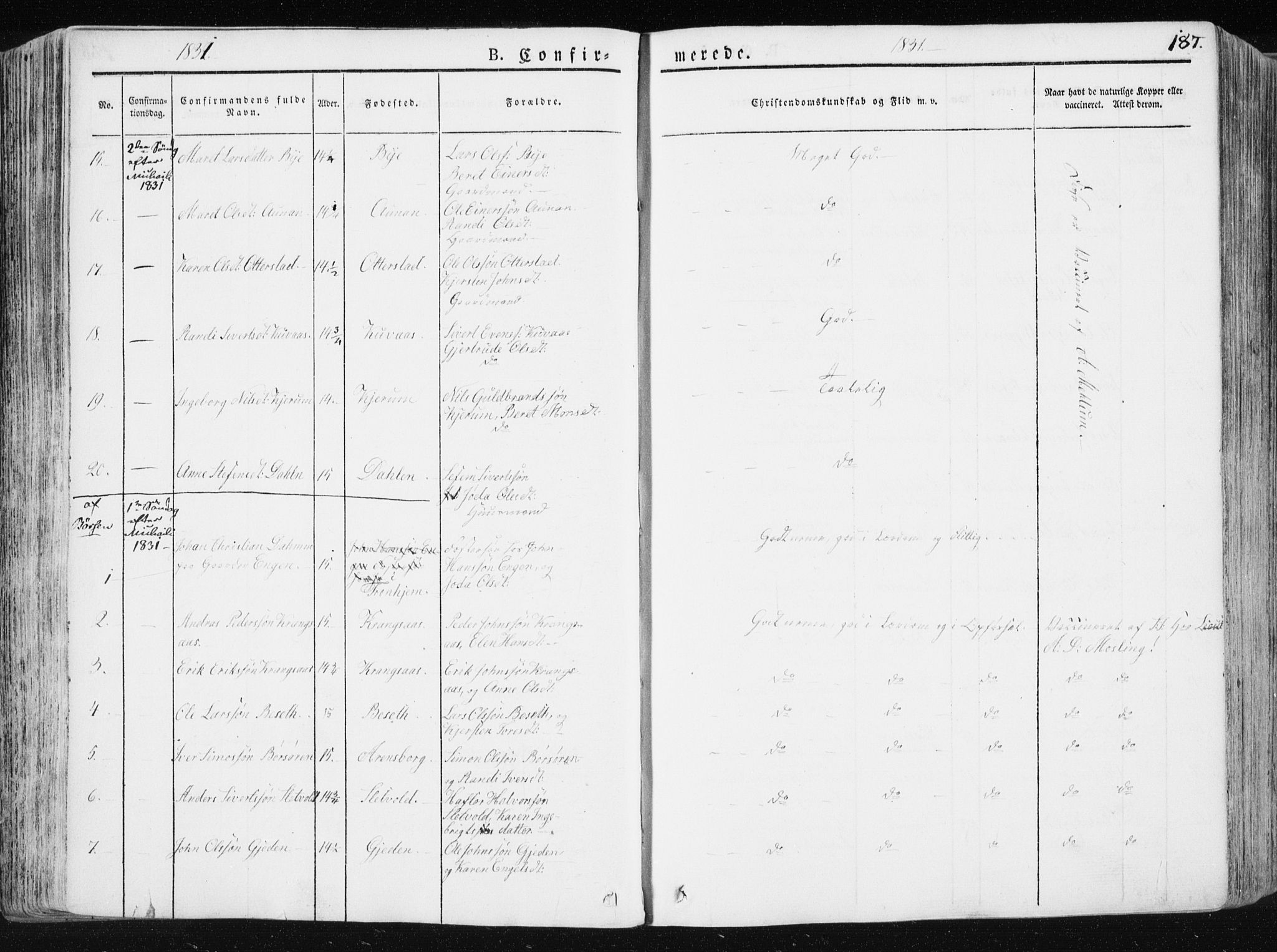 Ministerialprotokoller, klokkerbøker og fødselsregistre - Sør-Trøndelag, SAT/A-1456/665/L0771: Parish register (official) no. 665A06, 1830-1856, p. 187