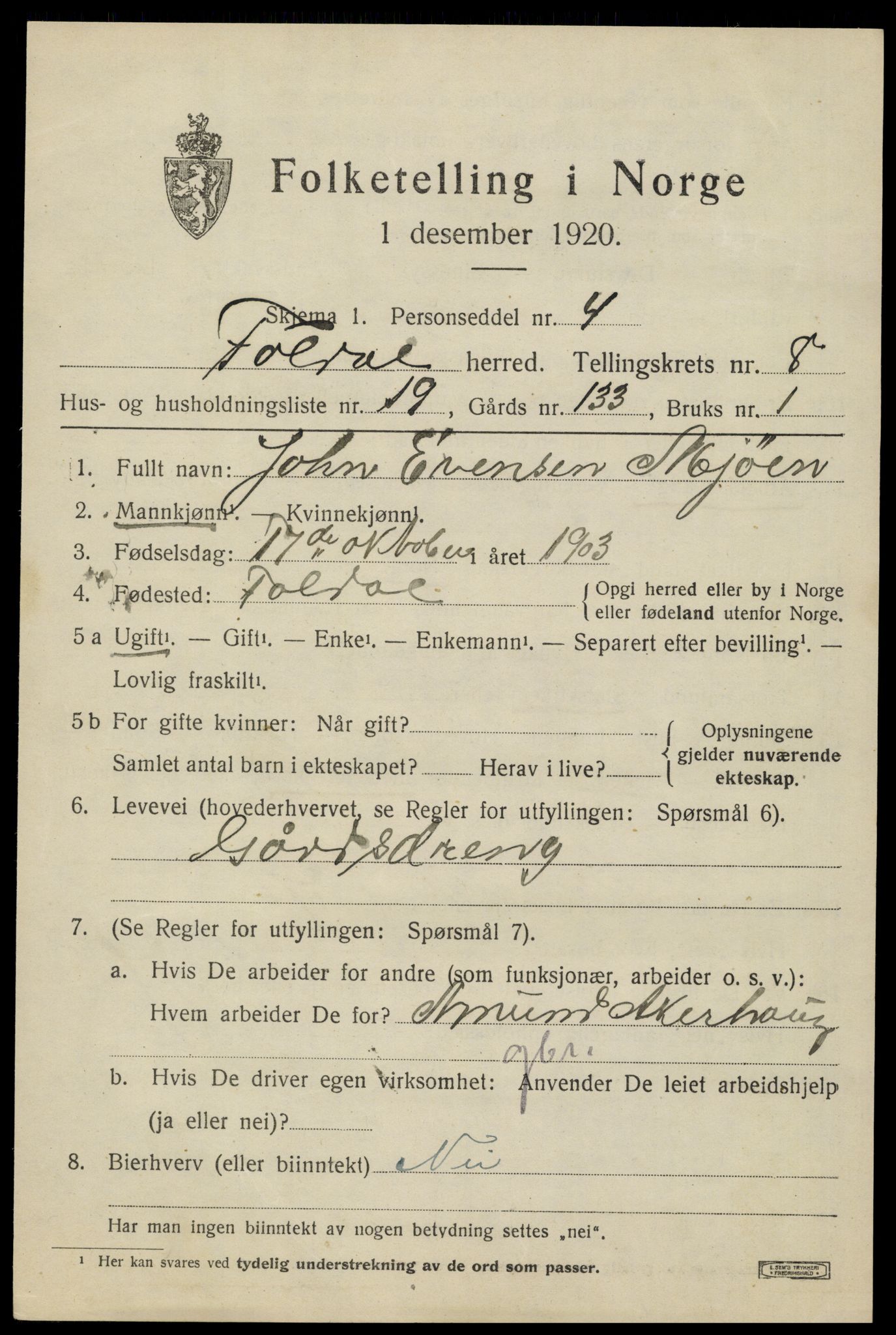 SAH, 1920 census for Folldal, 1920, p. 4575