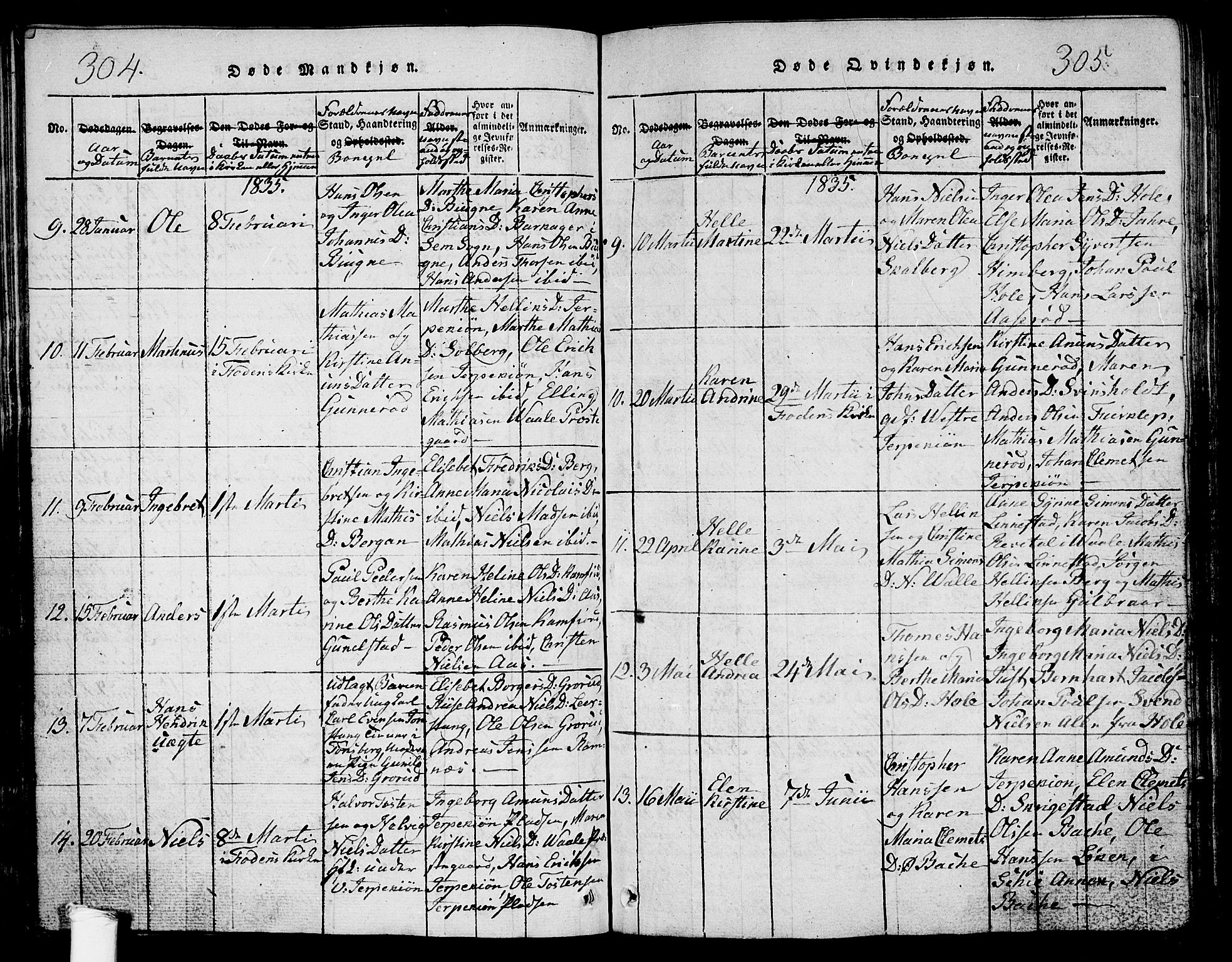 Ramnes kirkebøker, AV/SAKO-A-314/G/Ga/L0001: Parish register (copy) no. I 1, 1813-1847, p. 304-305