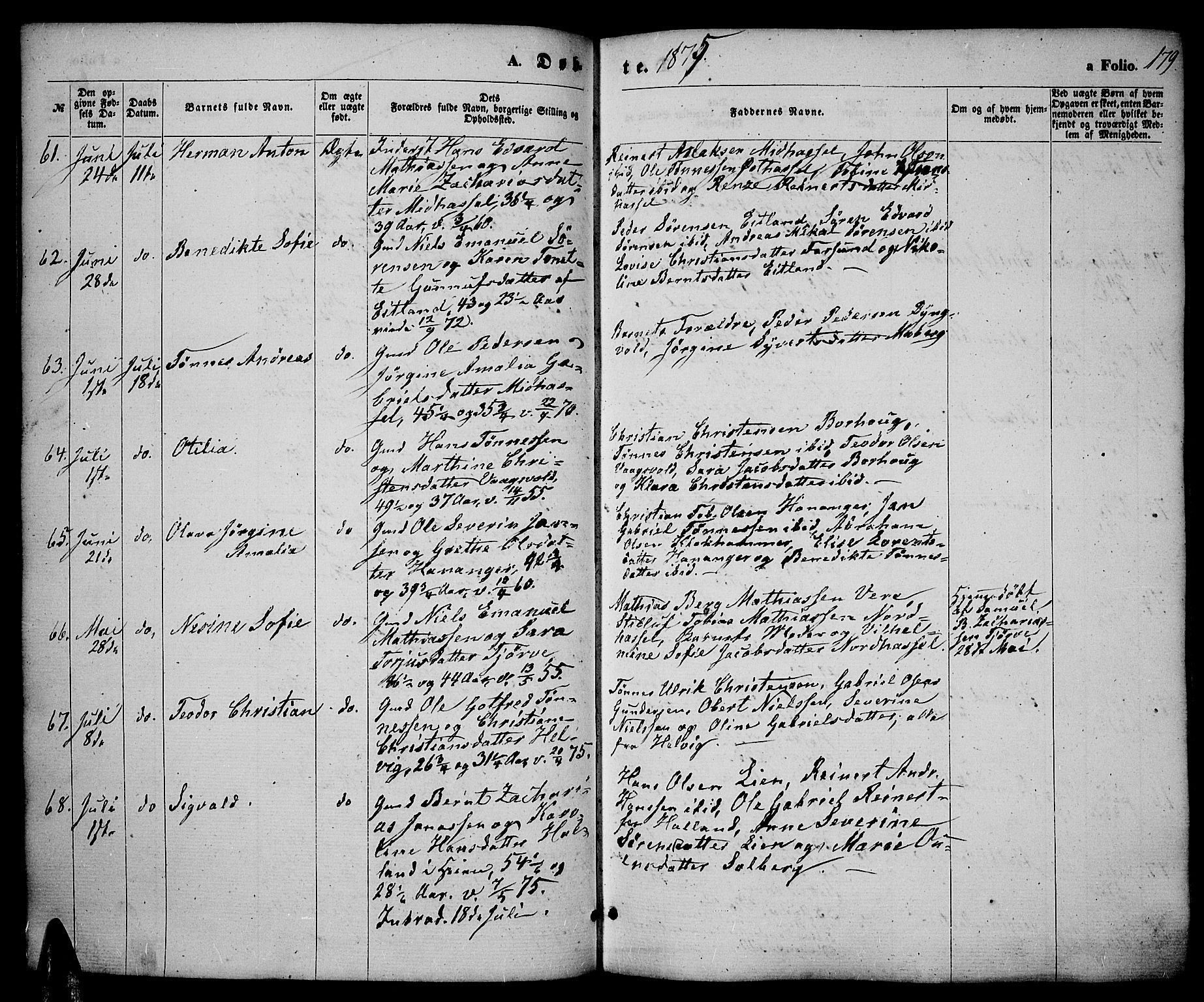 Lista sokneprestkontor, AV/SAK-1111-0027/F/Fb/L0003: Parish register (copy) no. B 3, 1862-1877, p. 179