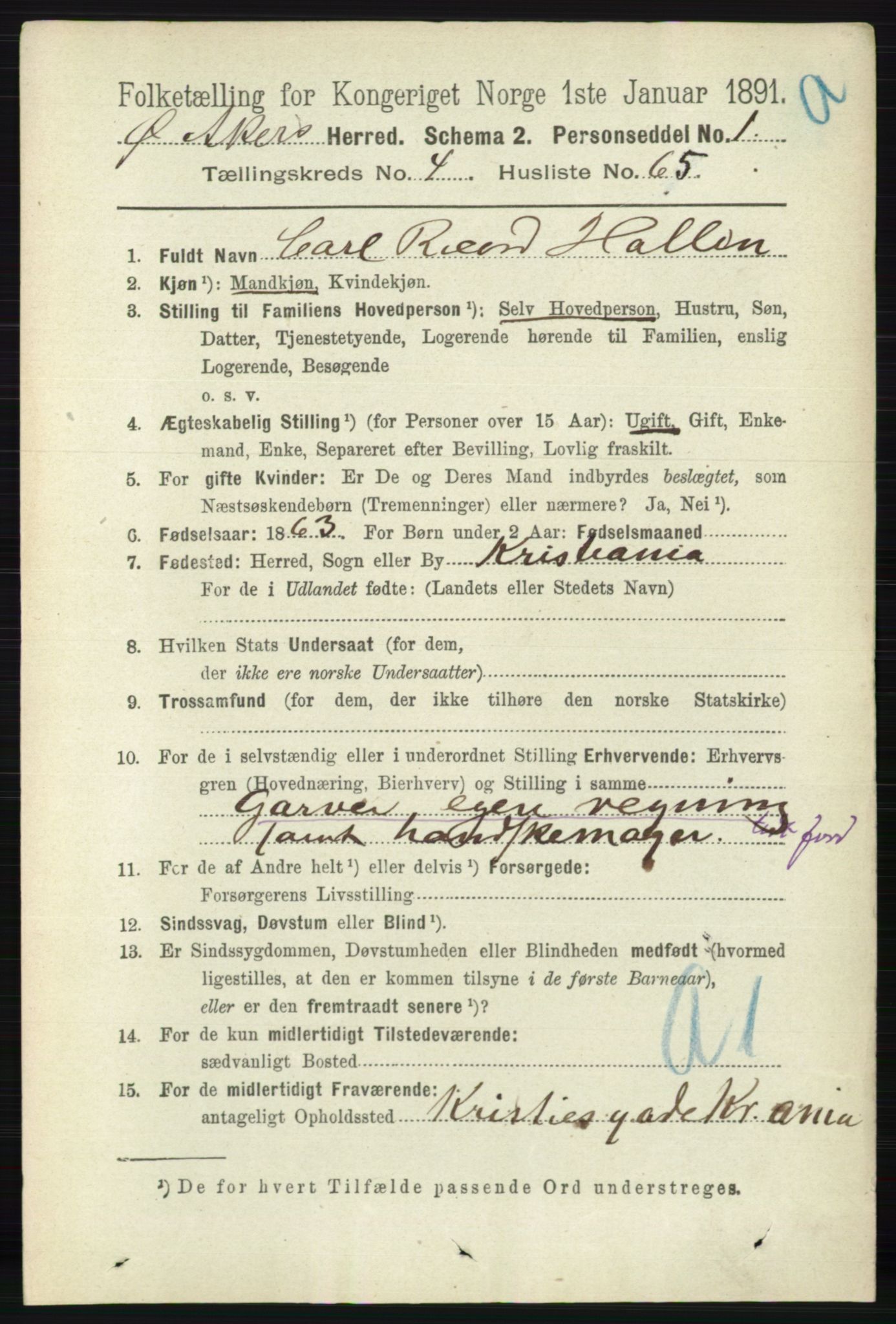 RA, 1891 census for 0218 Aker, 1891, p. 4883