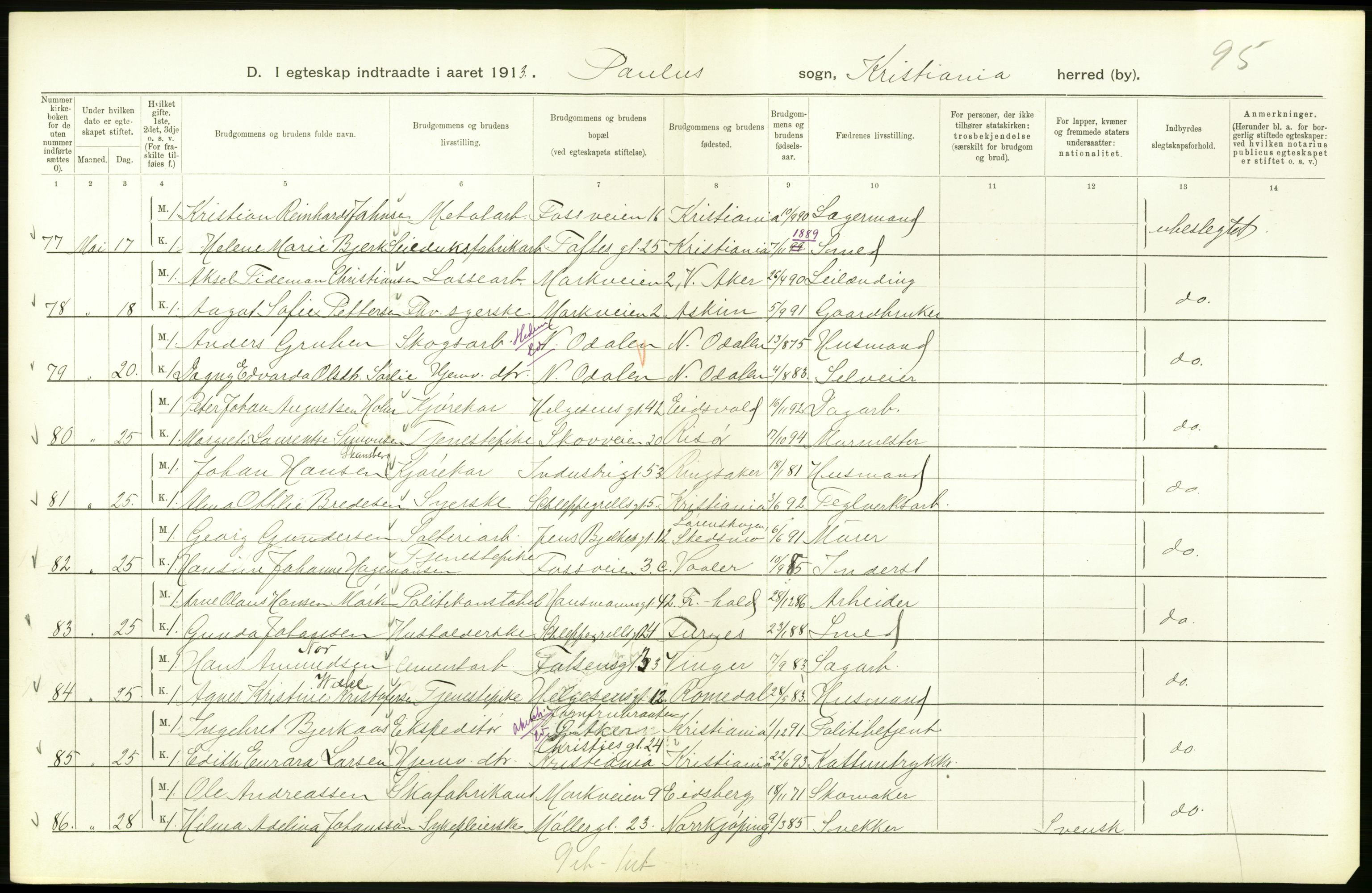 Statistisk sentralbyrå, Sosiodemografiske emner, Befolkning, AV/RA-S-2228/D/Df/Dfb/Dfbc/L0008: Kristiania: Gifte., 1913, p. 324