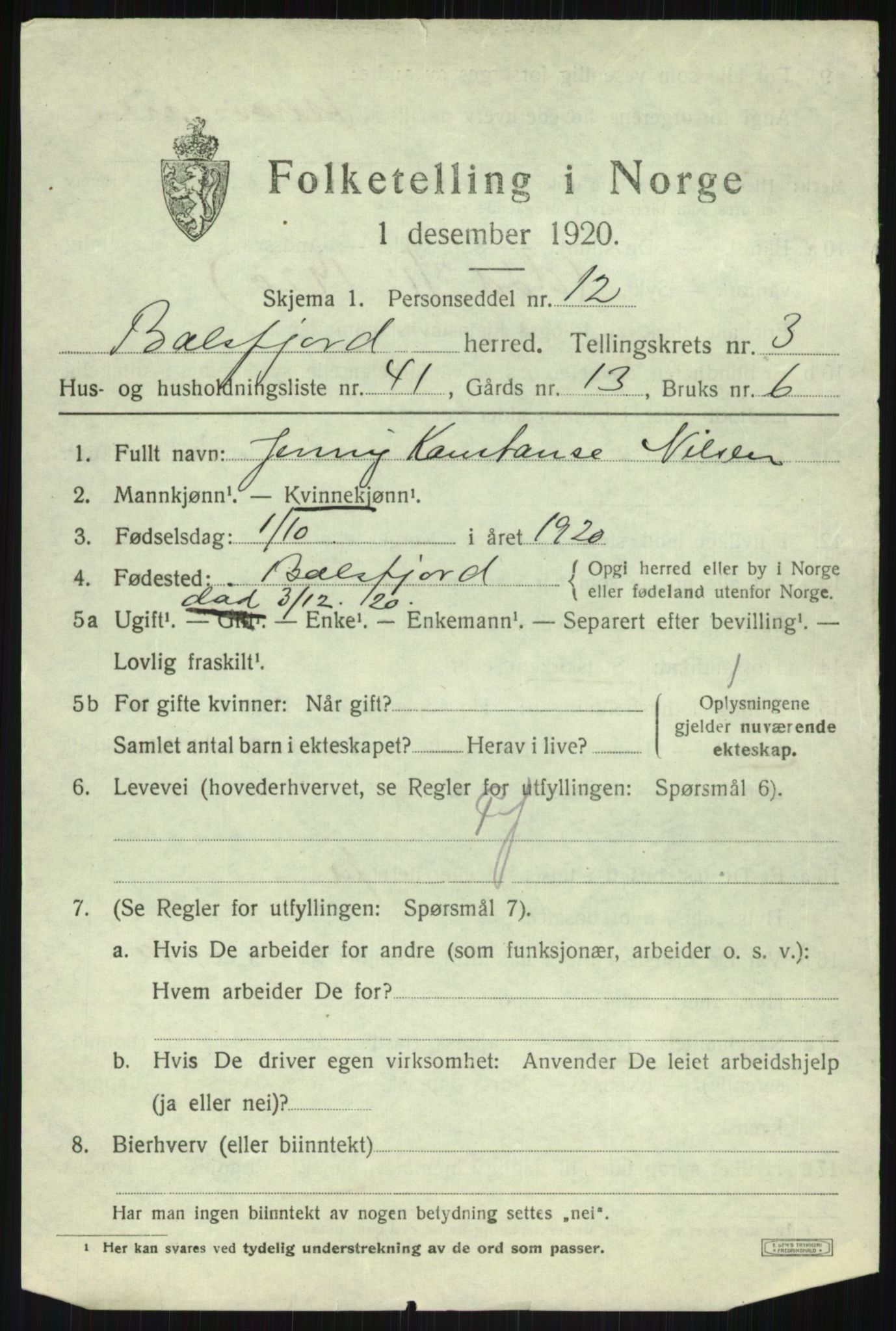 SATØ, 1920 census for Balsfjord, 1920, p. 2696