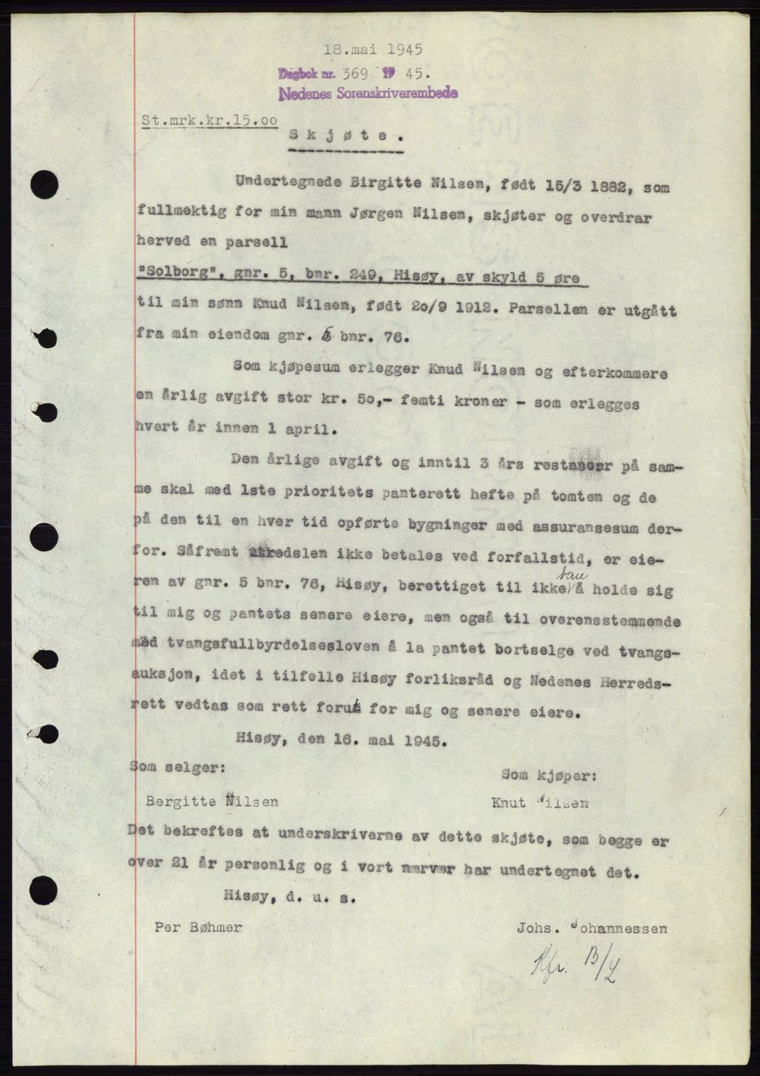 Nedenes sorenskriveri, SAK/1221-0006/G/Gb/Gba/L0052: Mortgage book no. A6a, 1944-1945, Diary no: : 369/1945