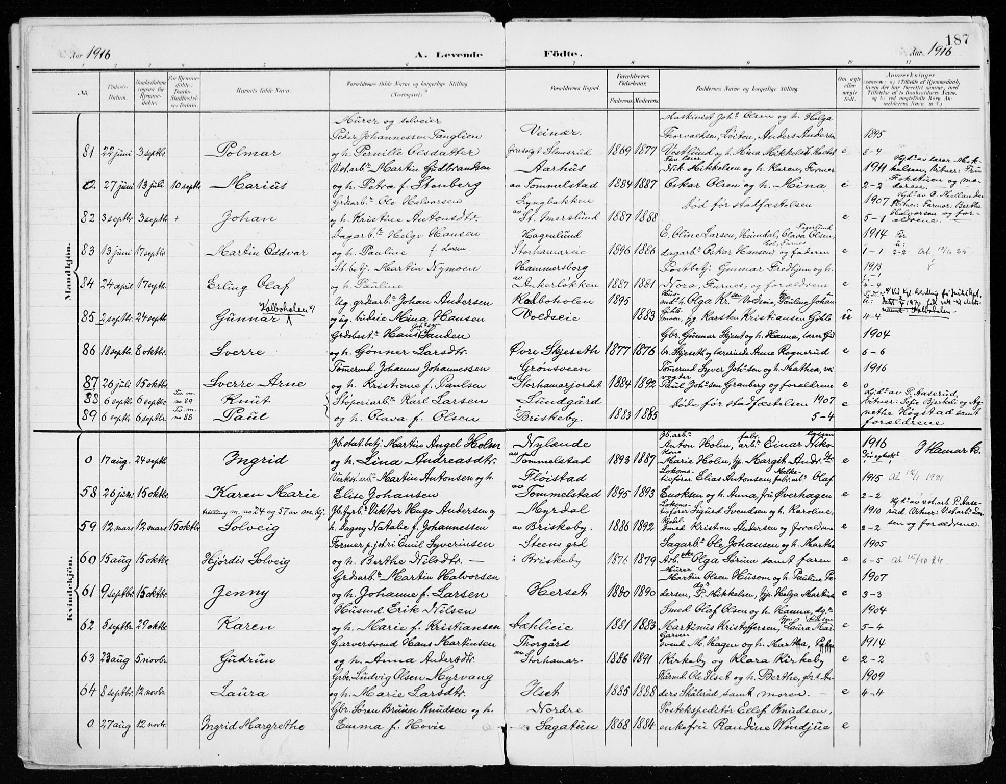 Vang prestekontor, Hedmark, AV/SAH-PREST-008/H/Ha/Haa/L0021: Parish register (official) no. 21, 1902-1917, p. 187