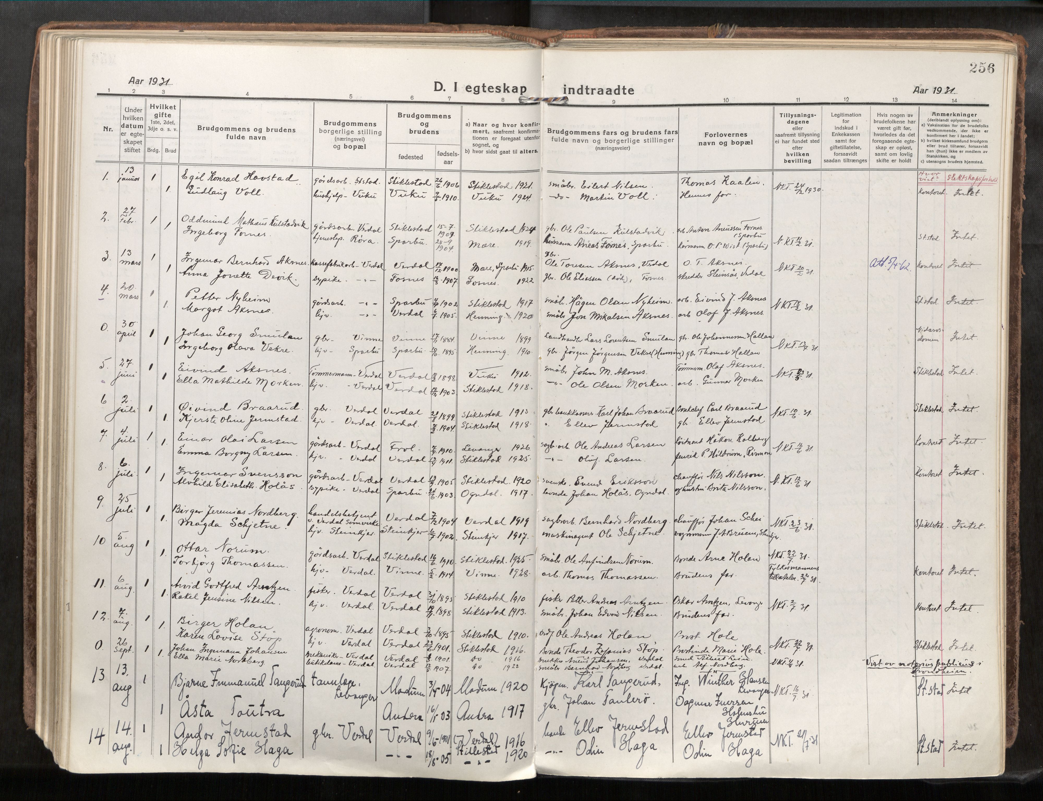 Verdal sokneprestkontor, SAT/A-1156/2/H/Haa/L0001: Parish register (official) no. 1, 1917-1932, p. 256