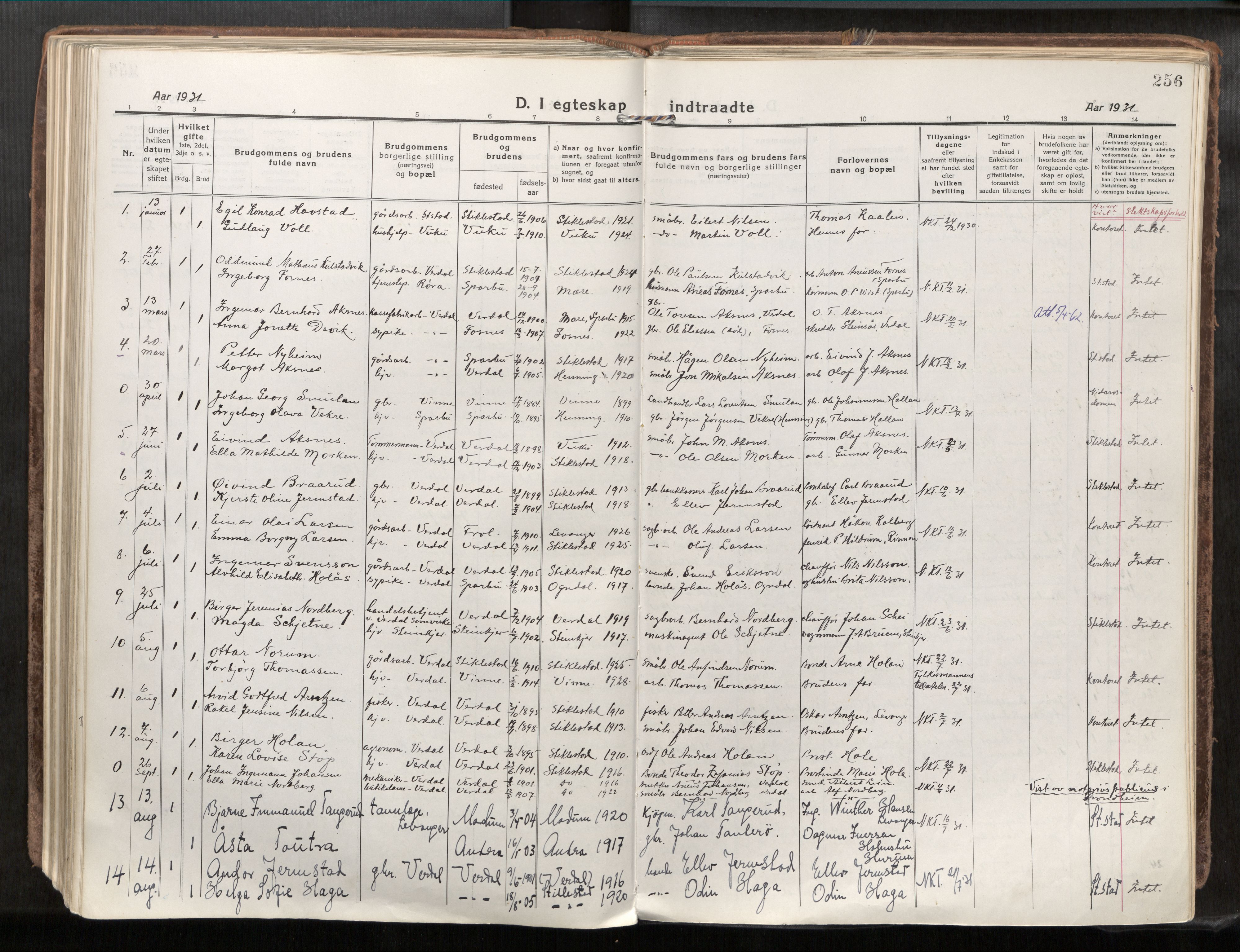 Verdal sokneprestkontor, AV/SAT-A-1156/2/H/Haa/L0001: Parish register (official) no. 1, 1917-1932, p. 256