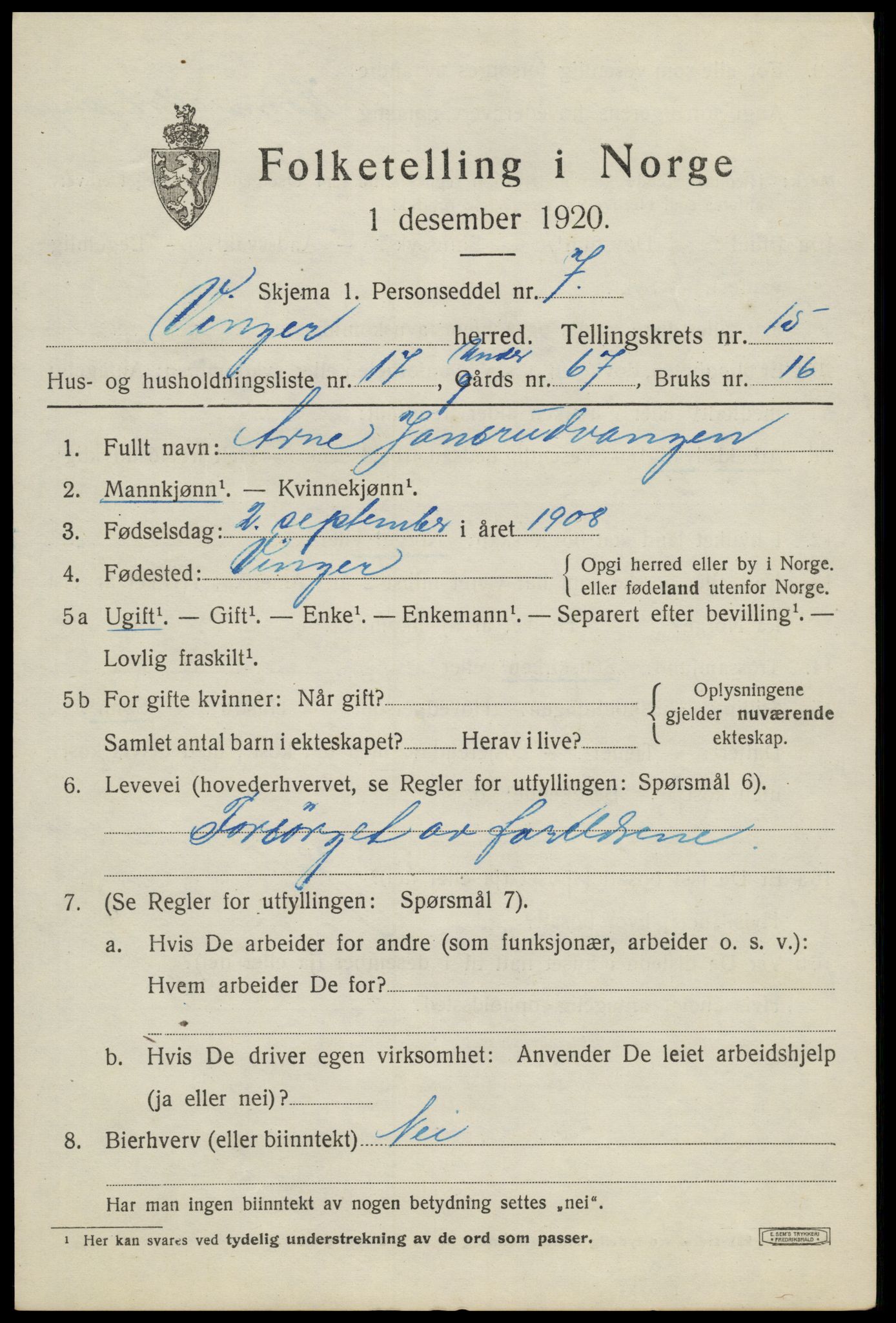 SAH, 1920 census for Vinger, 1920, p. 11880