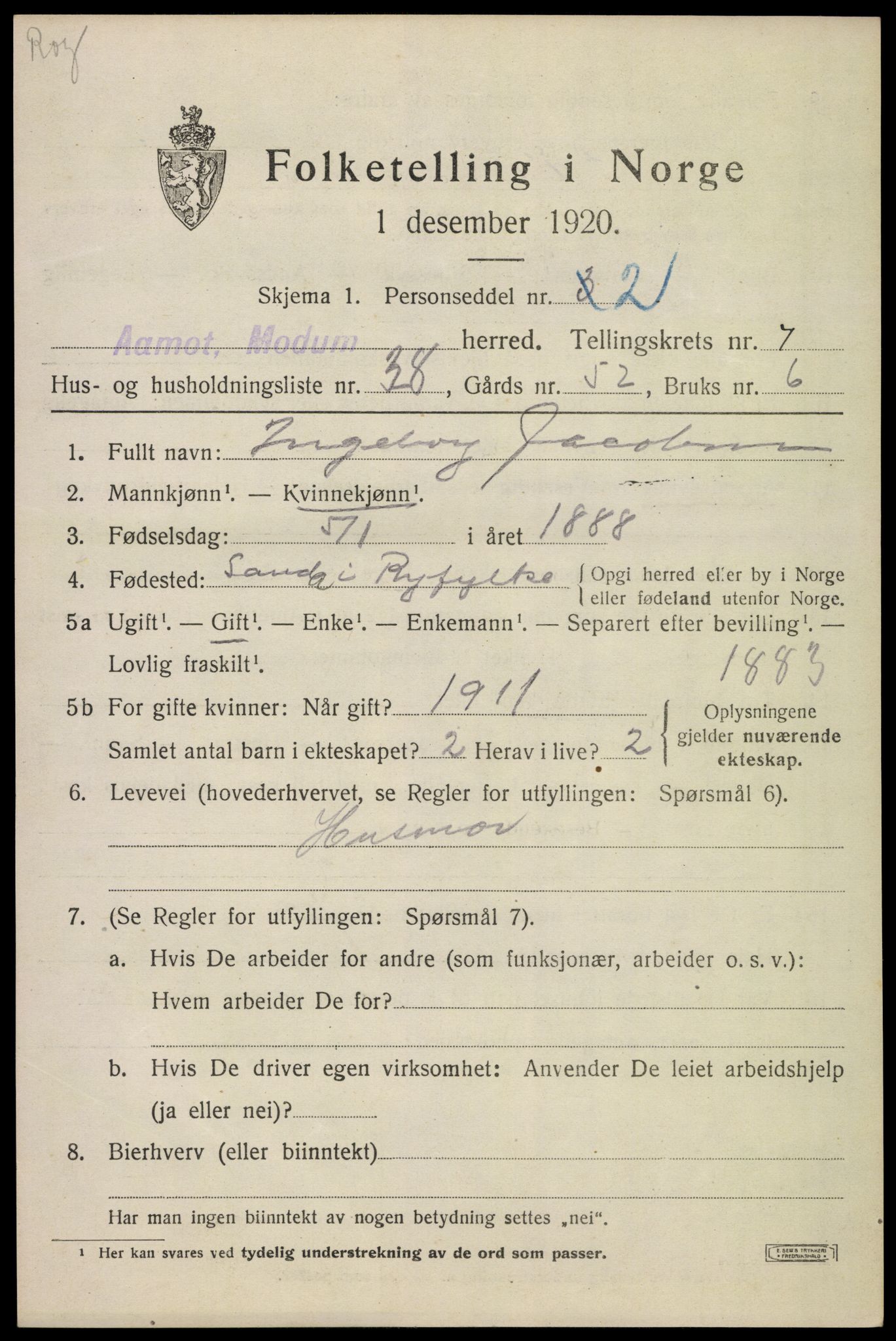 SAKO, 1920 census for Modum, 1920, p. 10165