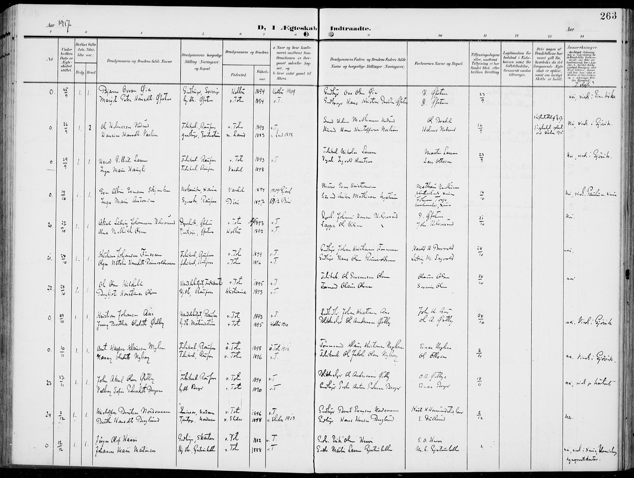 Vestre Toten prestekontor, AV/SAH-PREST-108/H/Ha/Haa/L0014: Parish register (official) no. 14, 1907-1920, p. 263