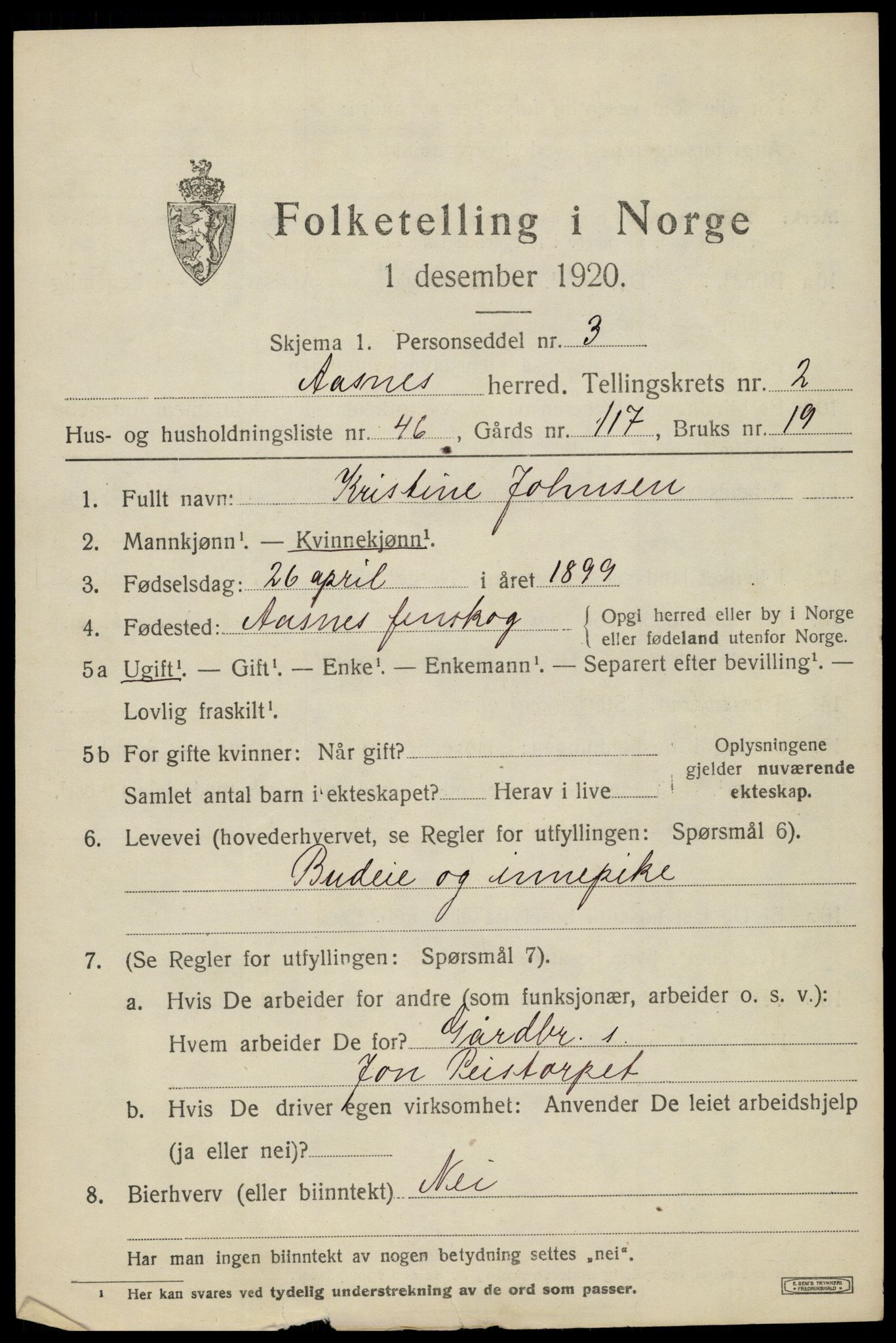 SAH, 1920 census for Åsnes, 1920, p. 3384