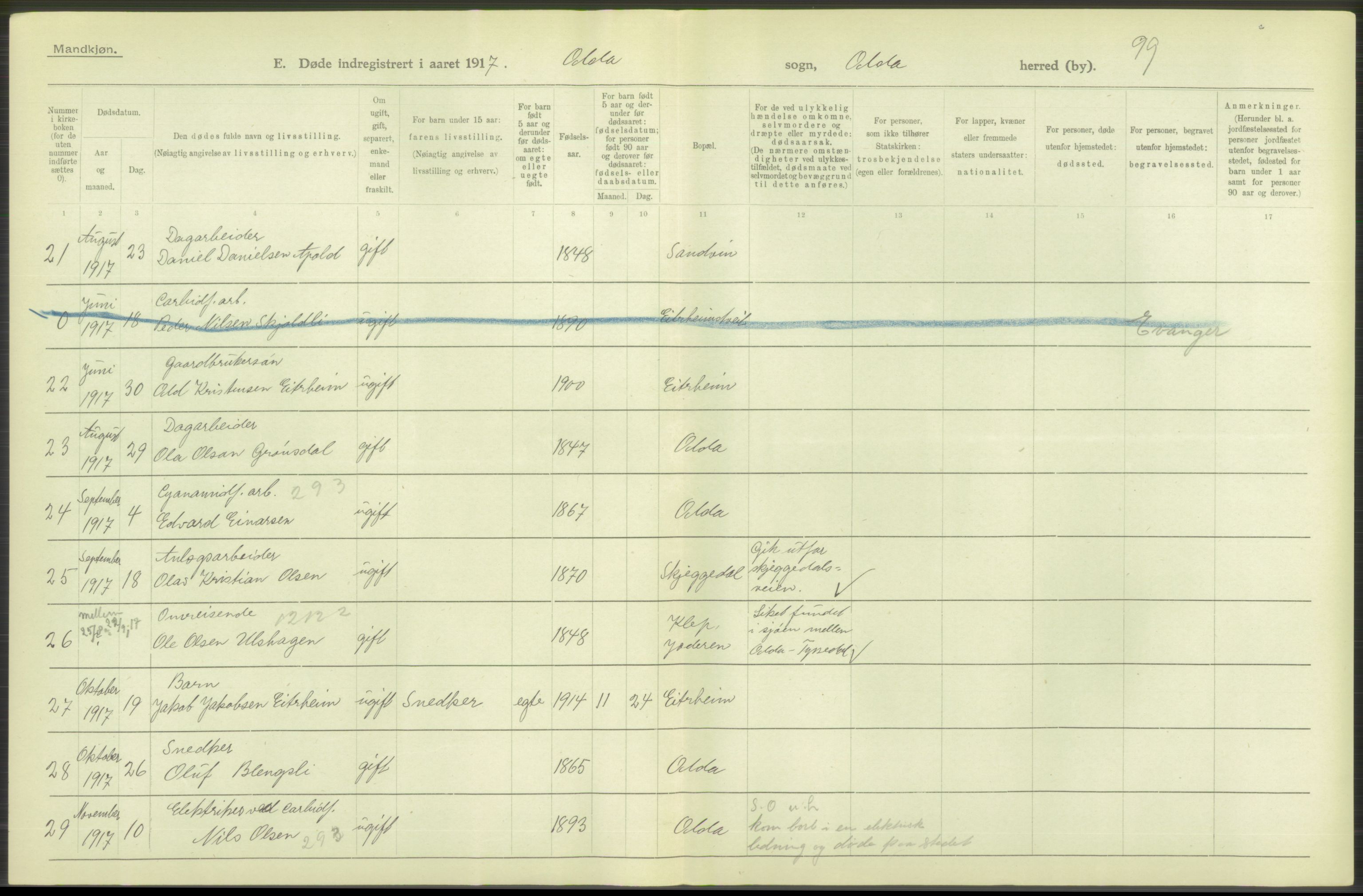 Statistisk sentralbyrå, Sosiodemografiske emner, Befolkning, RA/S-2228/D/Df/Dfb/Dfbg/L0036: S. Bergenhus amt: Døde, dødfødte. Bygder., 1917, p. 616