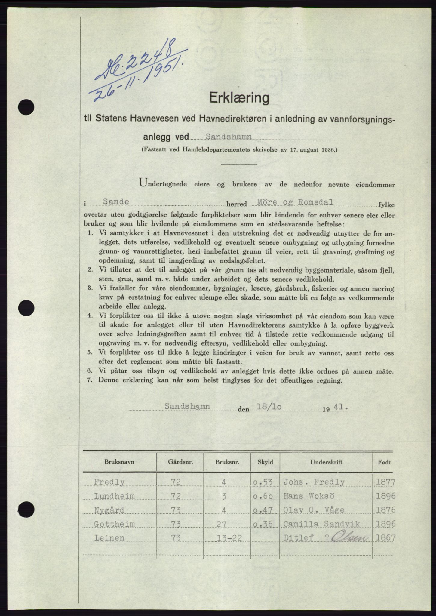 Søre Sunnmøre sorenskriveri, AV/SAT-A-4122/1/2/2C/L0090: Mortgage book no. 16A, 1951-1951, Diary no: : 2248/1951