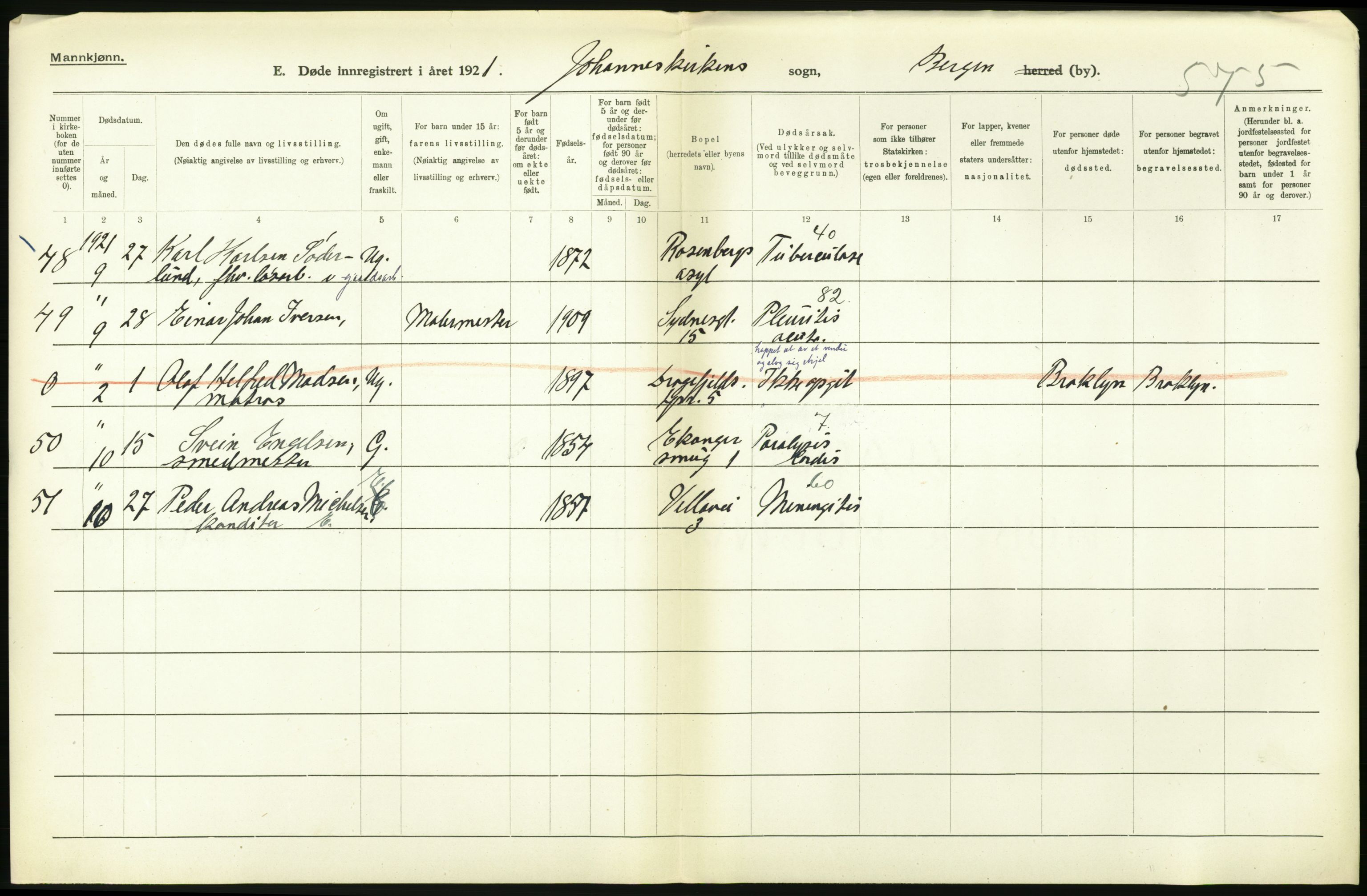 Statistisk sentralbyrå, Sosiodemografiske emner, Befolkning, RA/S-2228/D/Df/Dfc/Dfca/L0036: Bergen: Døde., 1921, p. 54