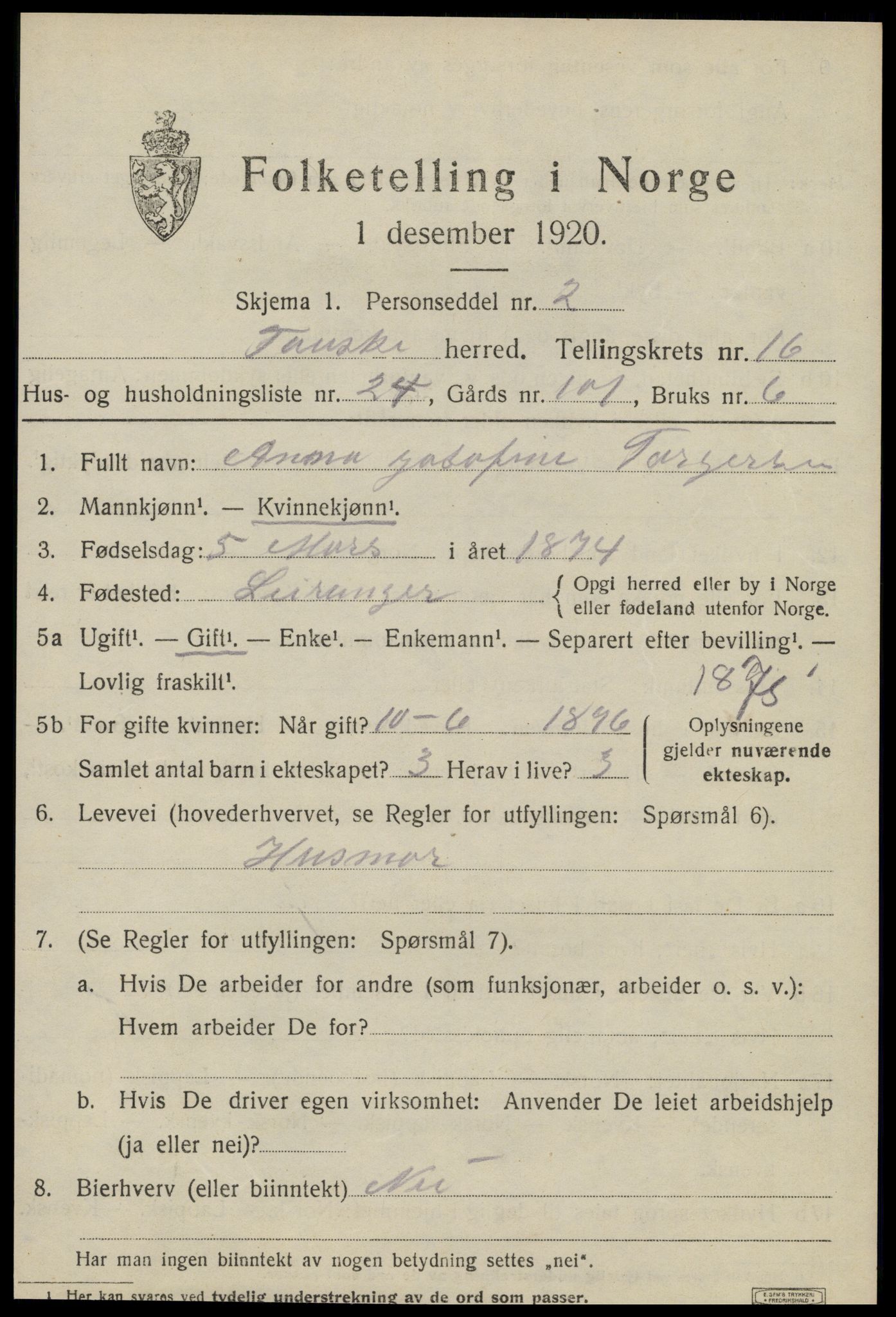 SAT, 1920 census for Fauske, 1920, p. 10096