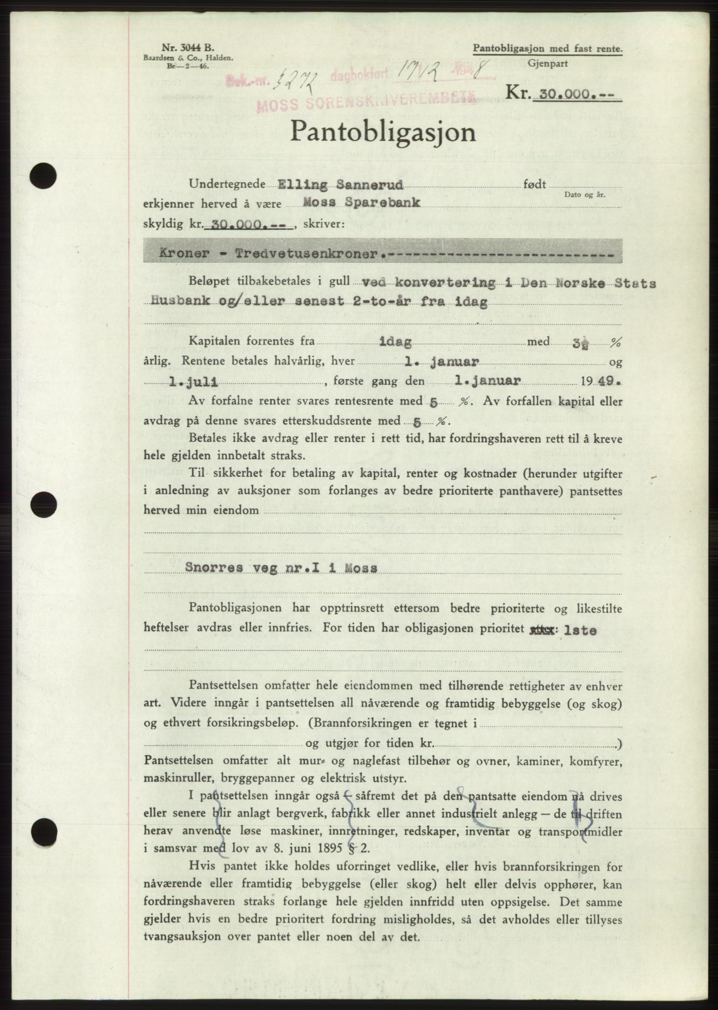 Moss sorenskriveri, AV/SAO-A-10168: Mortgage book no. B20, 1948-1948, Diary no: : 3272/1948