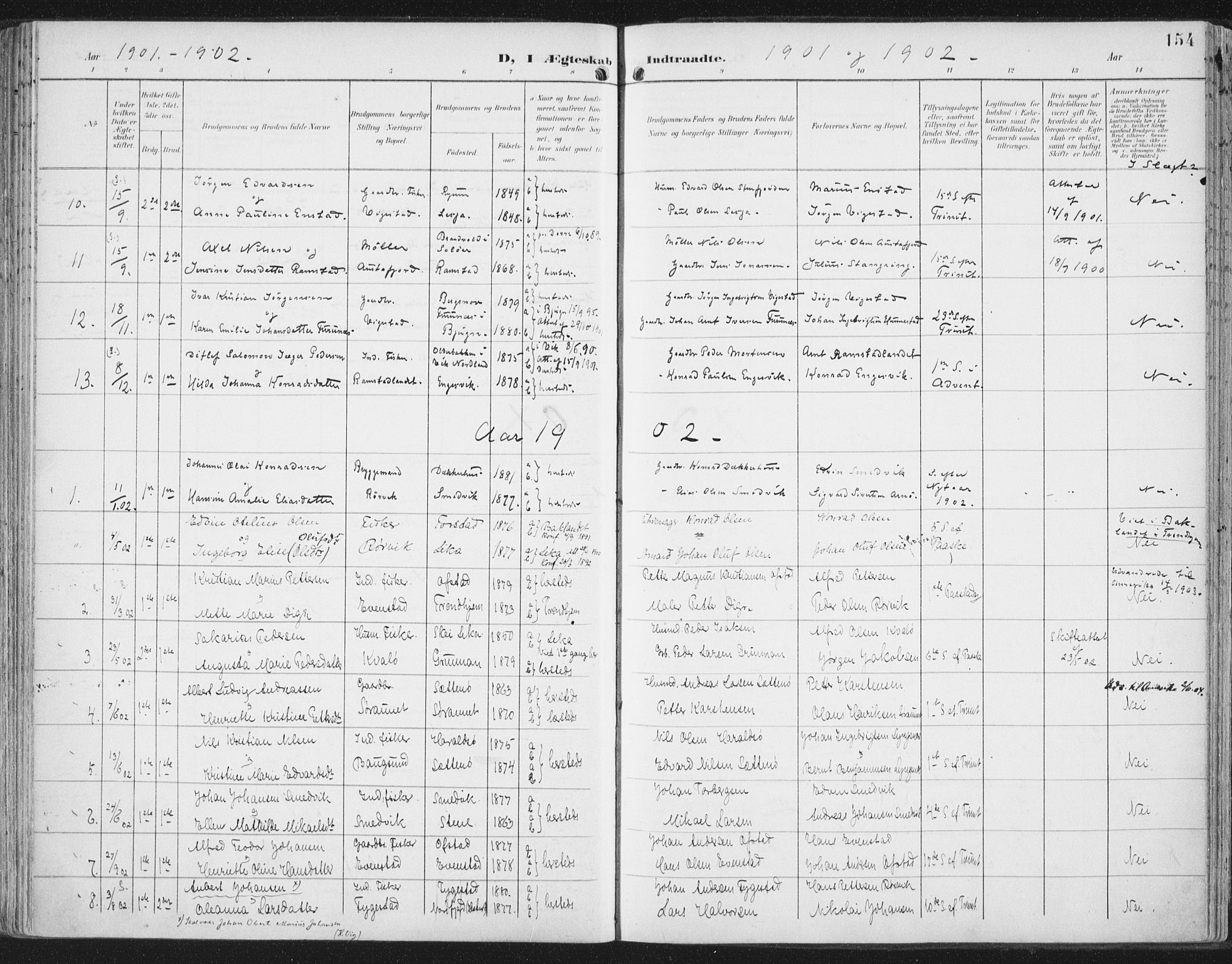 Ministerialprotokoller, klokkerbøker og fødselsregistre - Nord-Trøndelag, SAT/A-1458/786/L0688: Parish register (official) no. 786A04, 1899-1912, p. 154