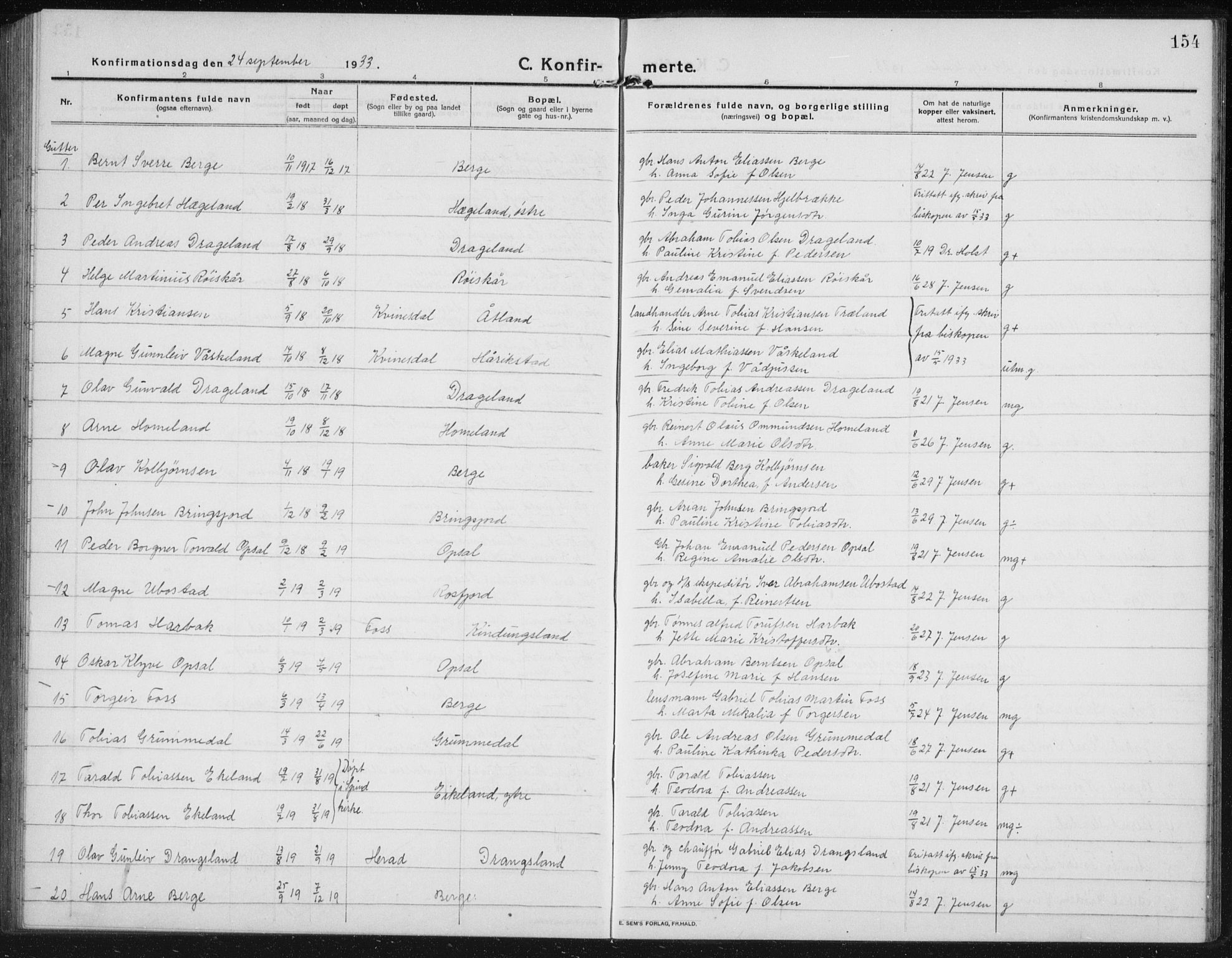 Lyngdal sokneprestkontor, AV/SAK-1111-0029/F/Fb/Fbc/L0006: Parish register (copy) no. B 6, 1914-1934, p. 154