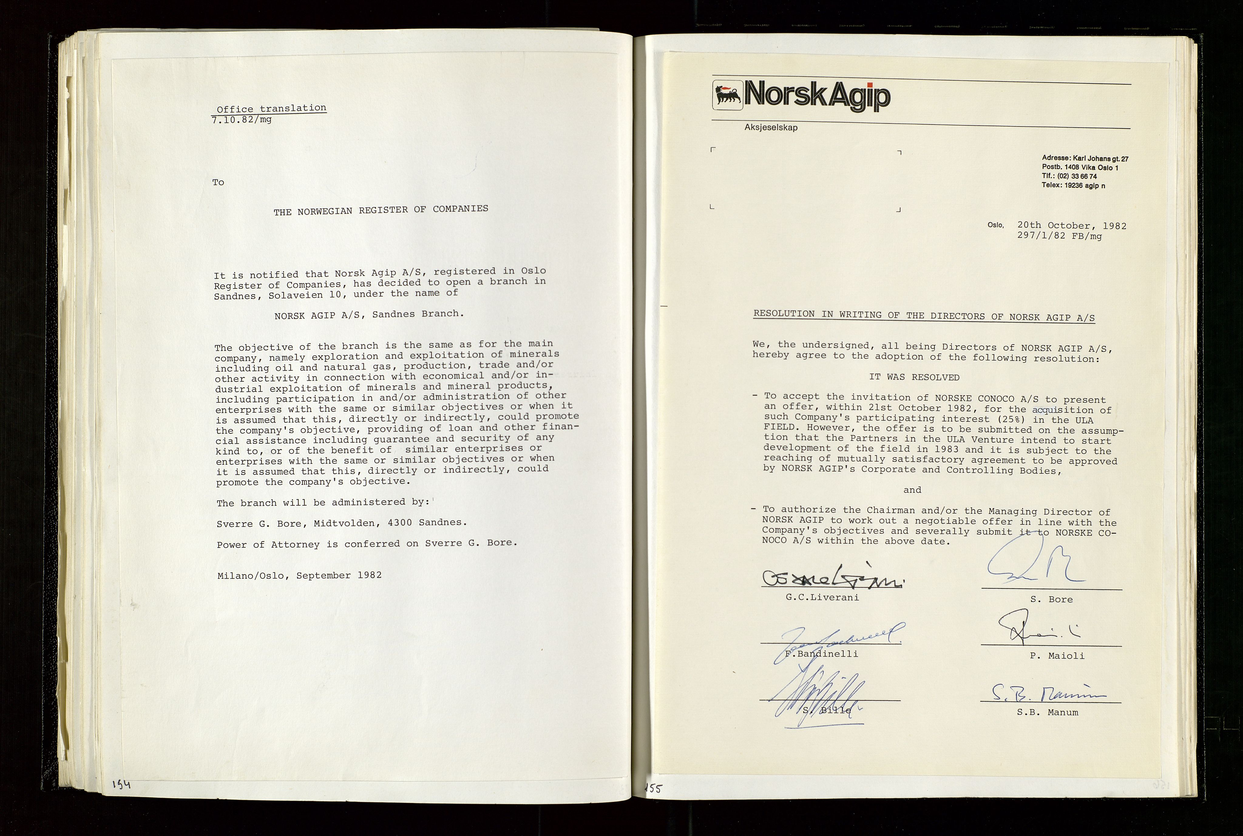 Pa 1583 - Norsk Agip AS, AV/SAST-A-102138/A/Aa/L0003: Board of Directors meeting minutes, 1979-1983, p. 154-155