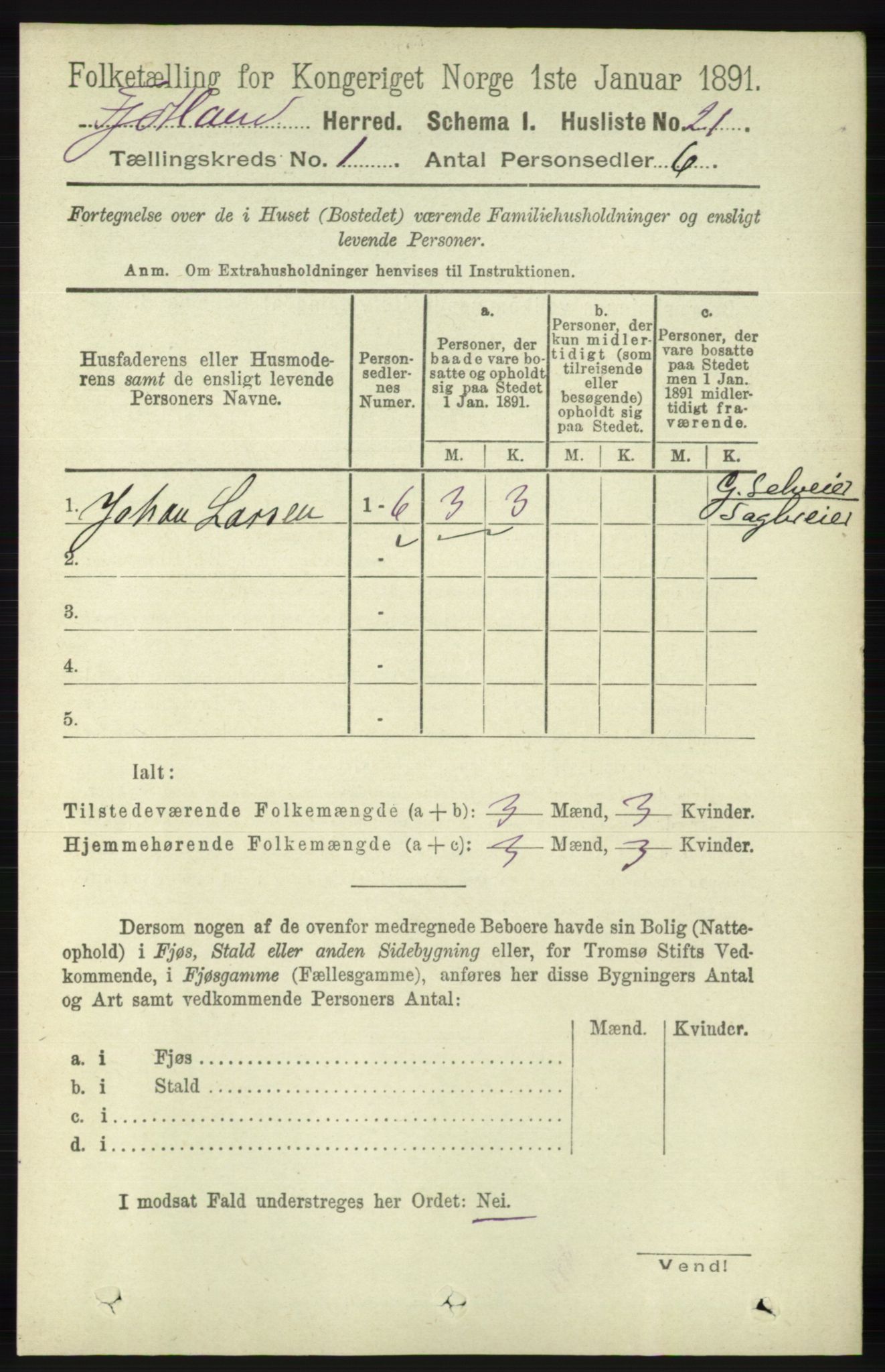 RA, 1891 census for 1036 Fjotland, 1891, p. 45