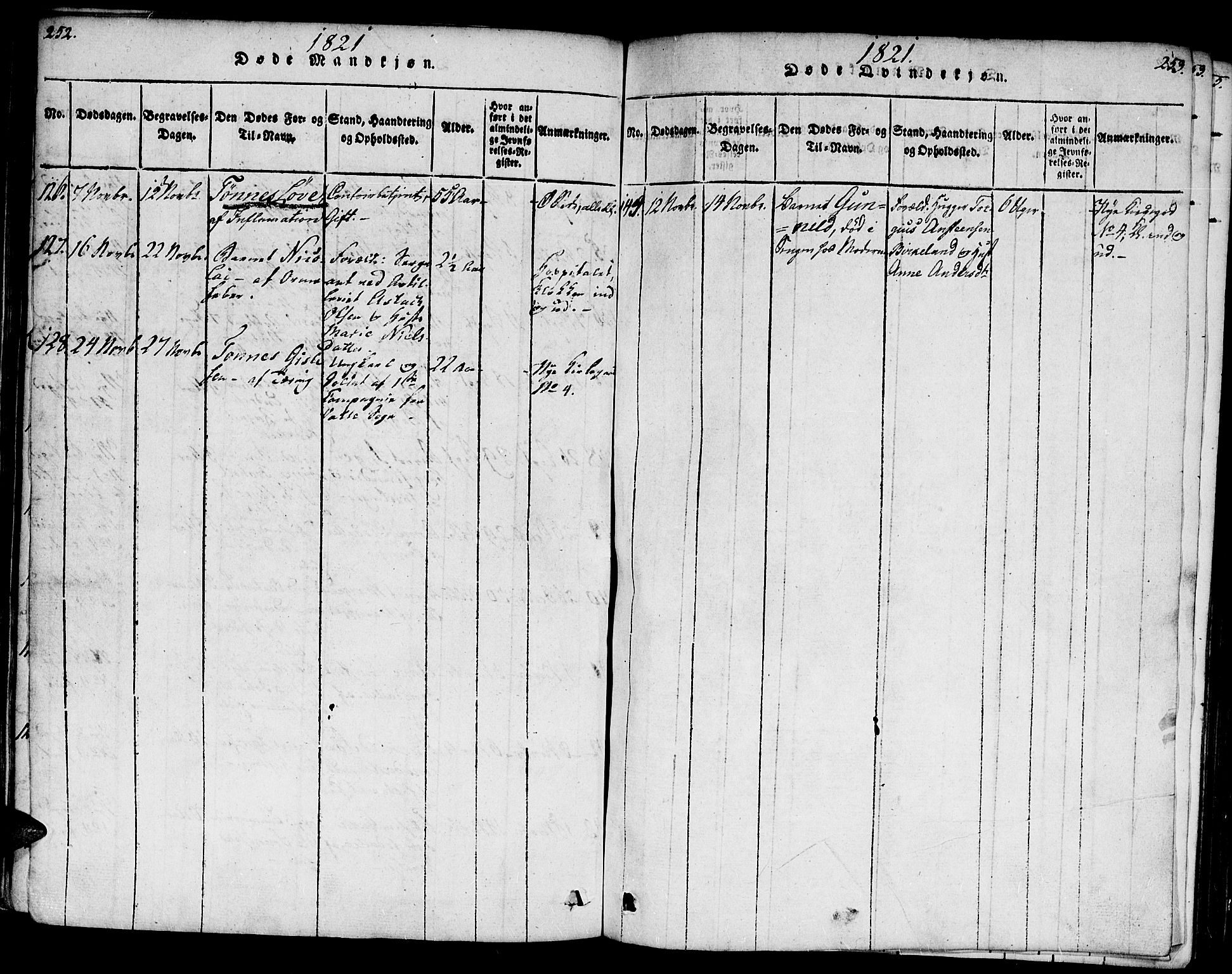 Kristiansand domprosti, SAK/1112-0006/F/Fb/L0001: Parish register (copy) no. B 1, 1818-1821, p. 252-253