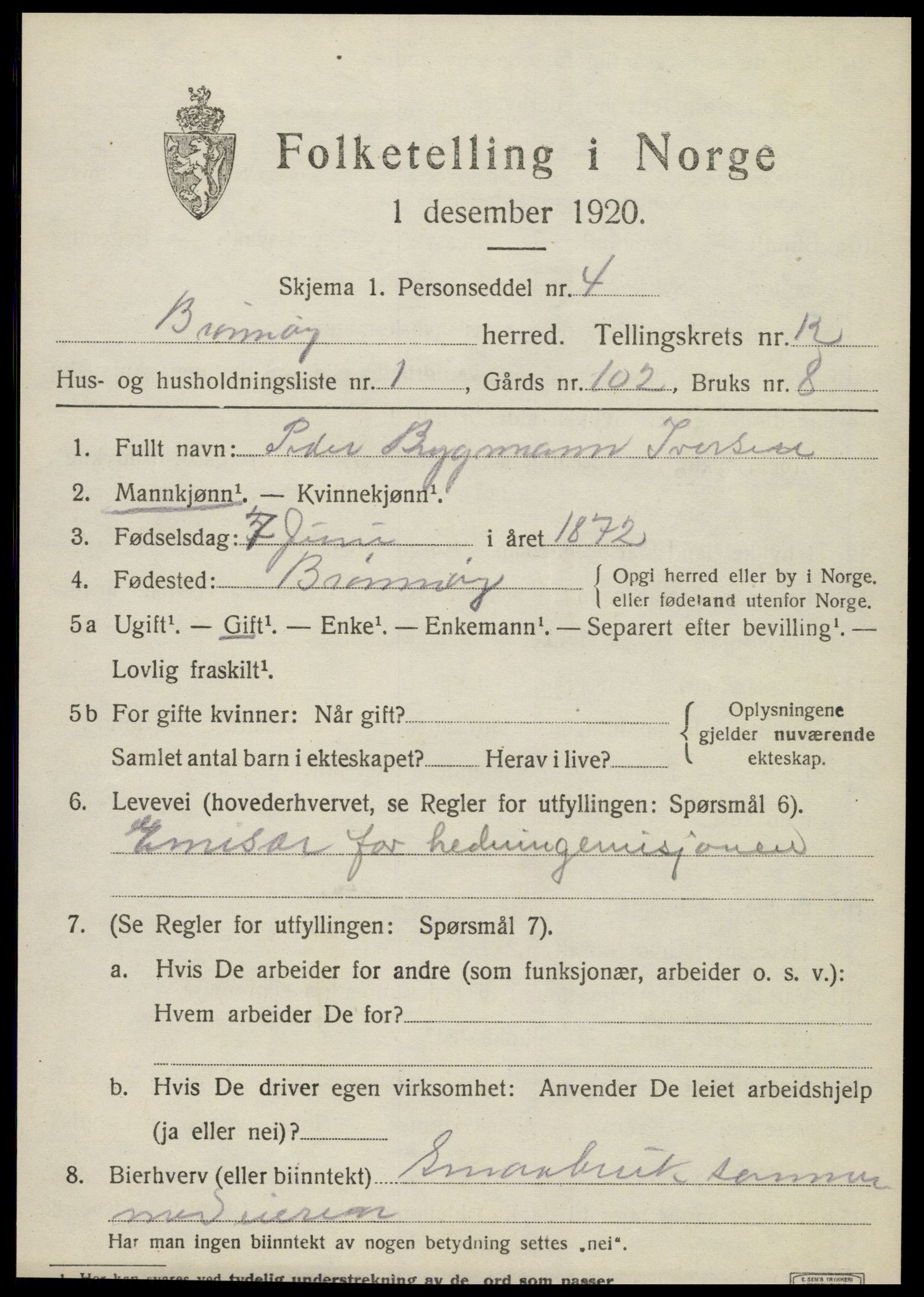 SAT, 1920 census for Brønnøy, 1920, p. 8752