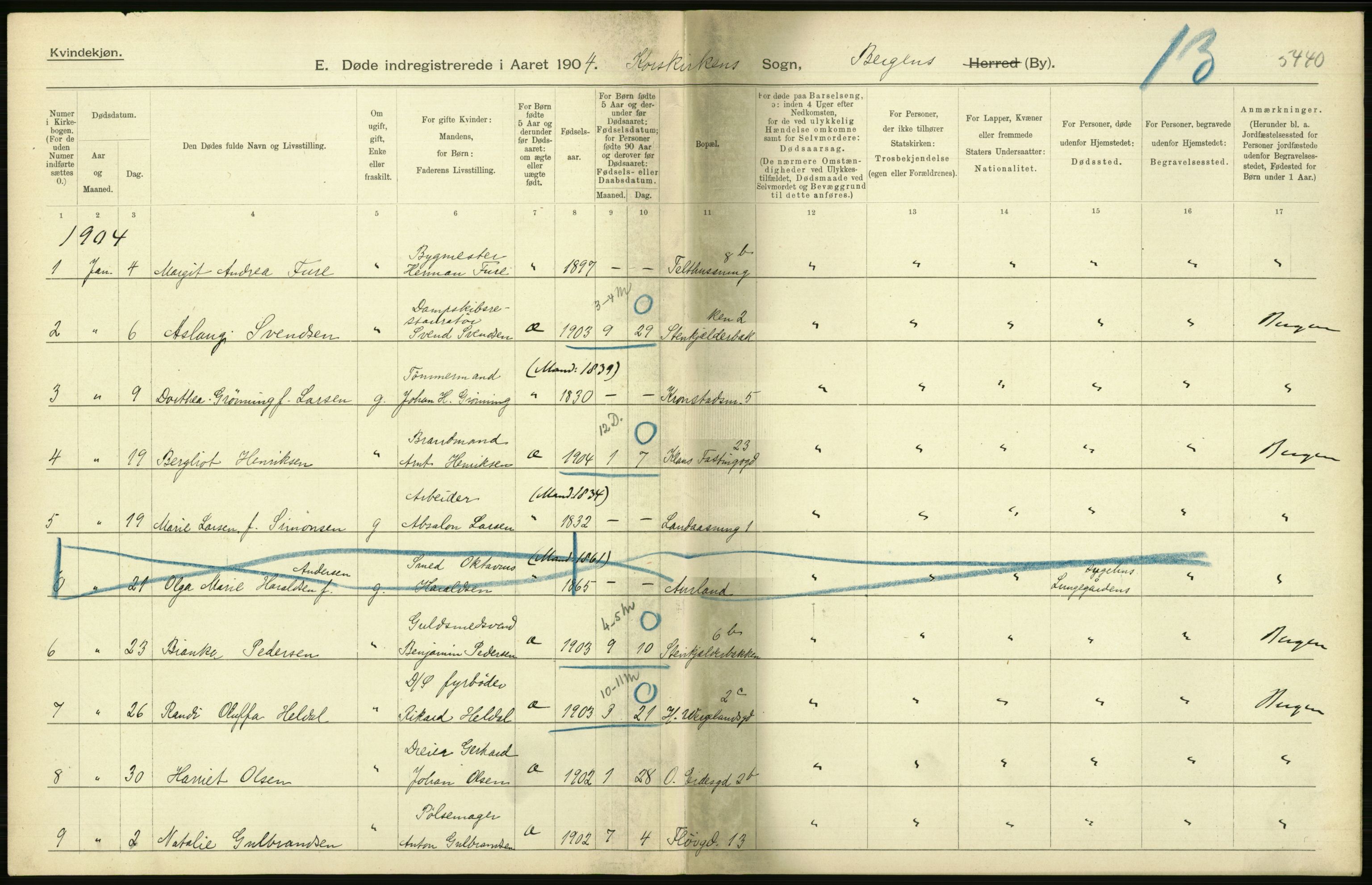 Statistisk sentralbyrå, Sosiodemografiske emner, Befolkning, AV/RA-S-2228/D/Df/Dfa/Dfab/L0014: Bergen: Fødte, gifte, døde, 1904, p. 374