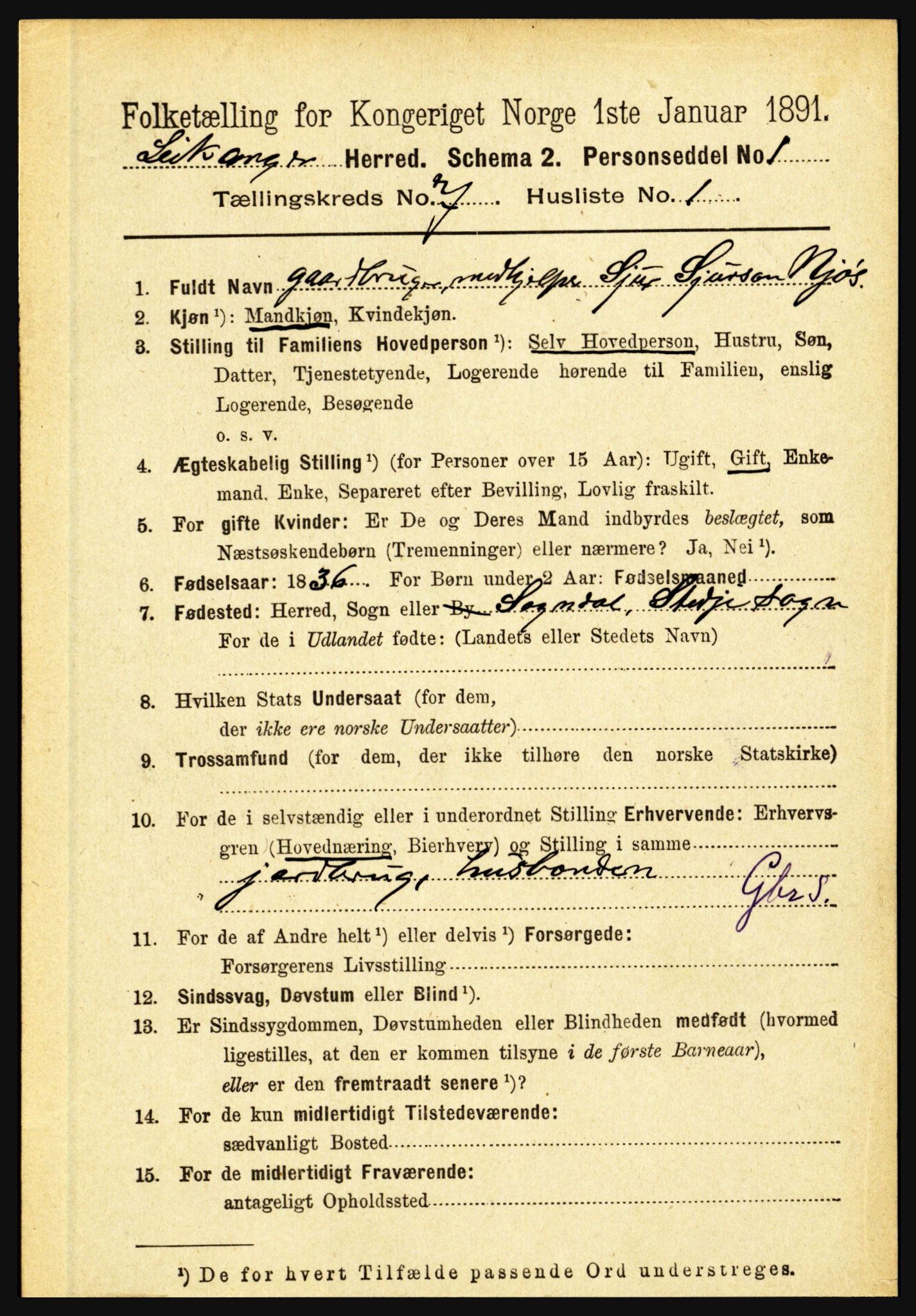 RA, 1891 census for 1419 Leikanger, 1891, p. 1342