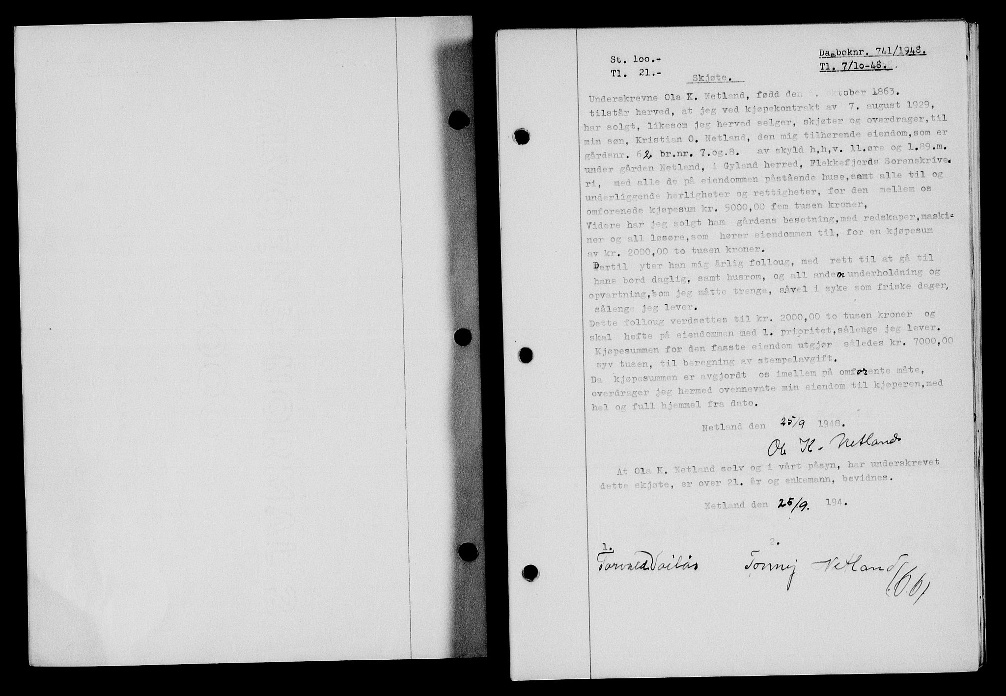 Flekkefjord sorenskriveri, SAK/1221-0001/G/Gb/Gba/L0064: Mortgage book no. A-12, 1948-1949, Diary no: : 741/1948
