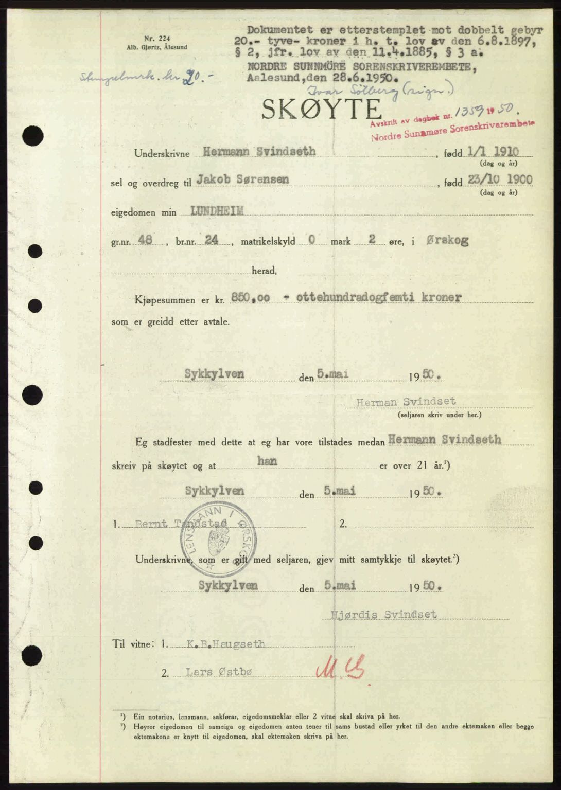 Nordre Sunnmøre sorenskriveri, AV/SAT-A-0006/1/2/2C/2Ca: Mortgage book no. A35, 1950-1950, Diary no: : 1359/1950