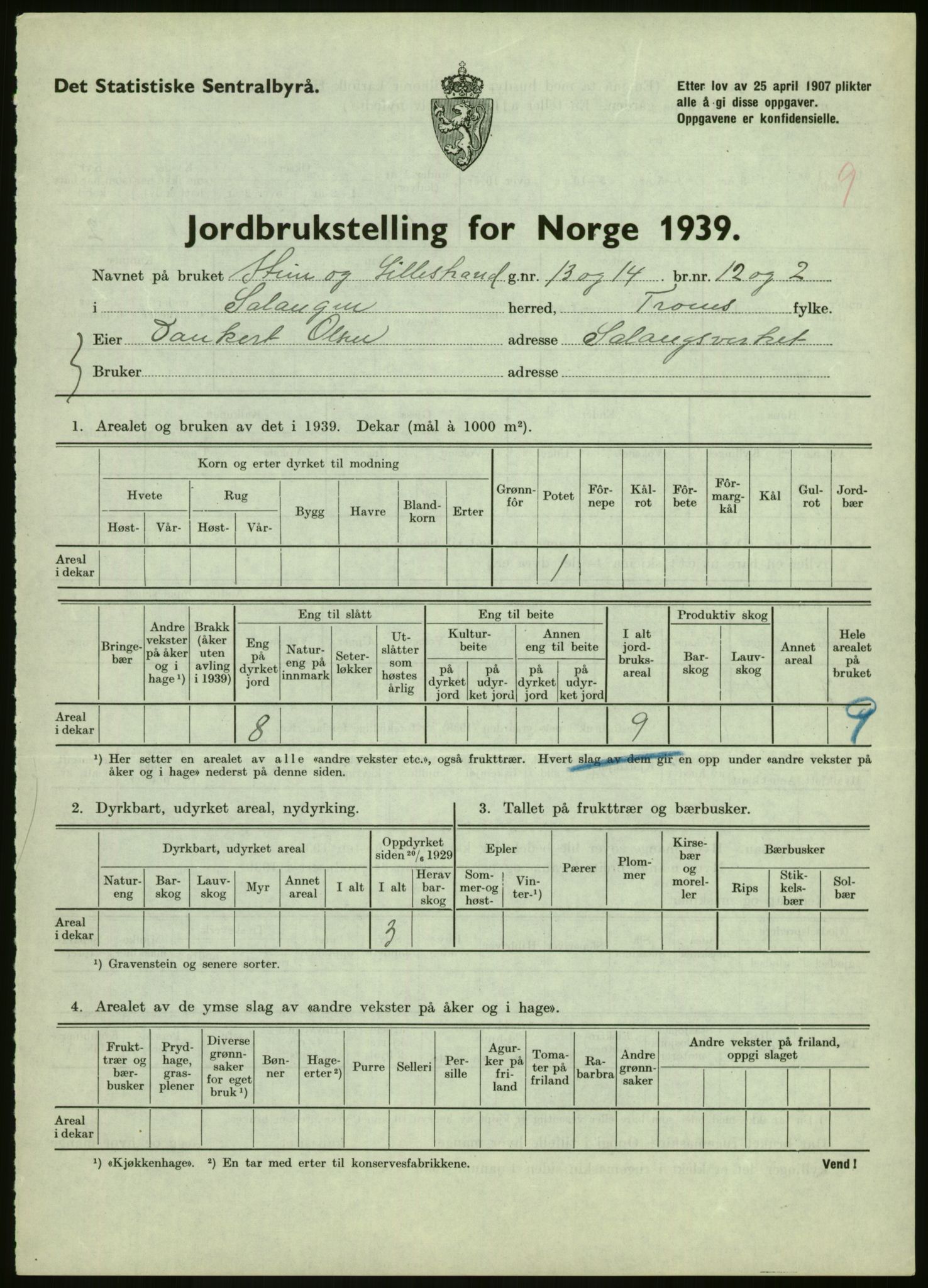 Statistisk sentralbyrå, Næringsøkonomiske emner, Jordbruk, skogbruk, jakt, fiske og fangst, AV/RA-S-2234/G/Gb/L0340: Troms: Salangen og Dyrøy, 1939, p. 152