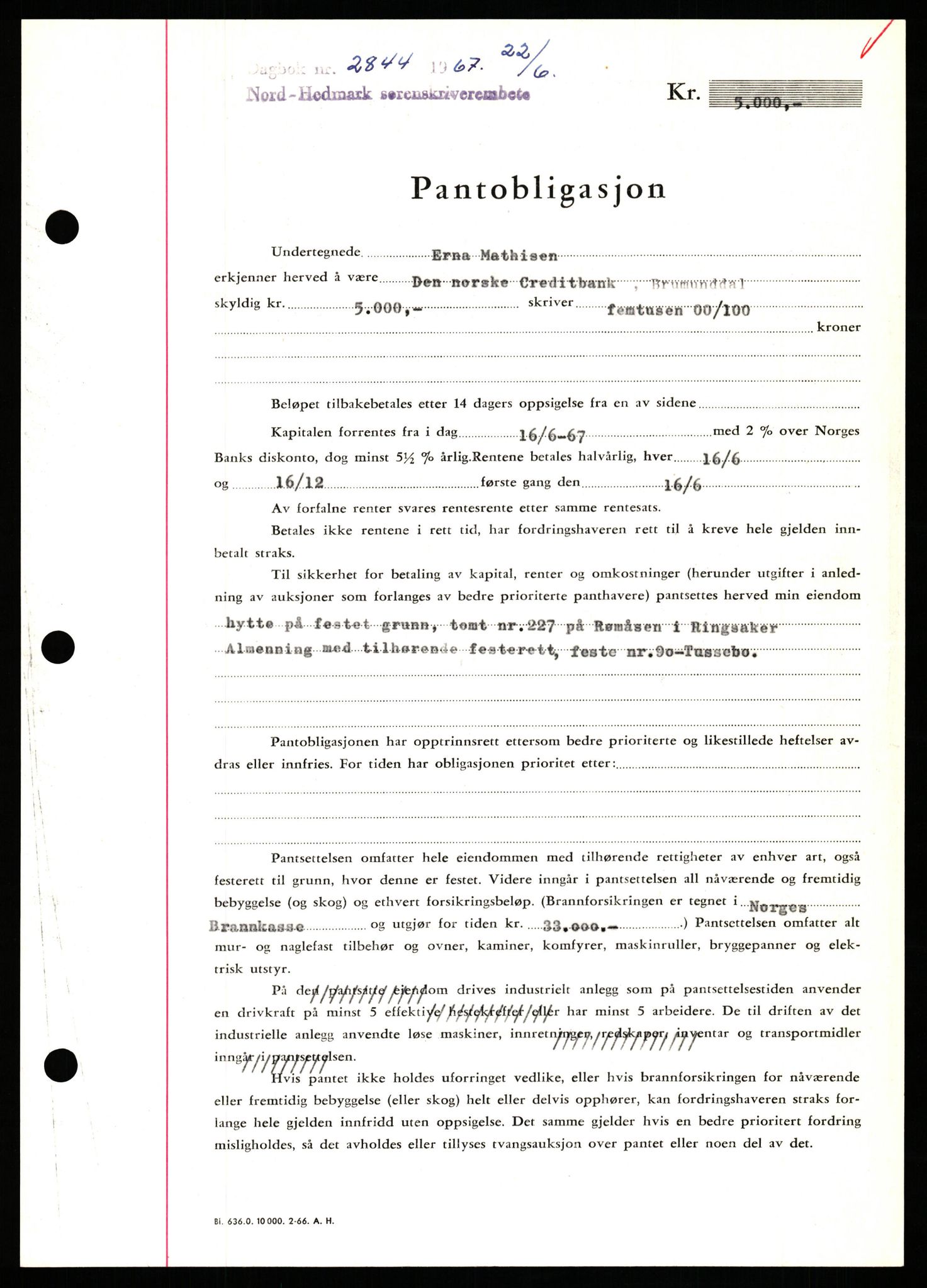 Nord-Hedmark sorenskriveri, SAH/TING-012/H/Hb/Hbf/L0071: Mortgage book no. B71, 1967-1967, Diary no: : 2844/1967