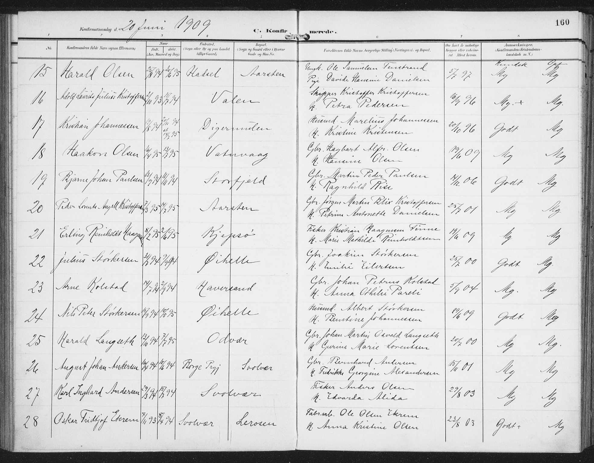 Ministerialprotokoller, klokkerbøker og fødselsregistre - Nordland, AV/SAT-A-1459/874/L1063: Parish register (official) no. 874A07, 1907-1915, p. 160