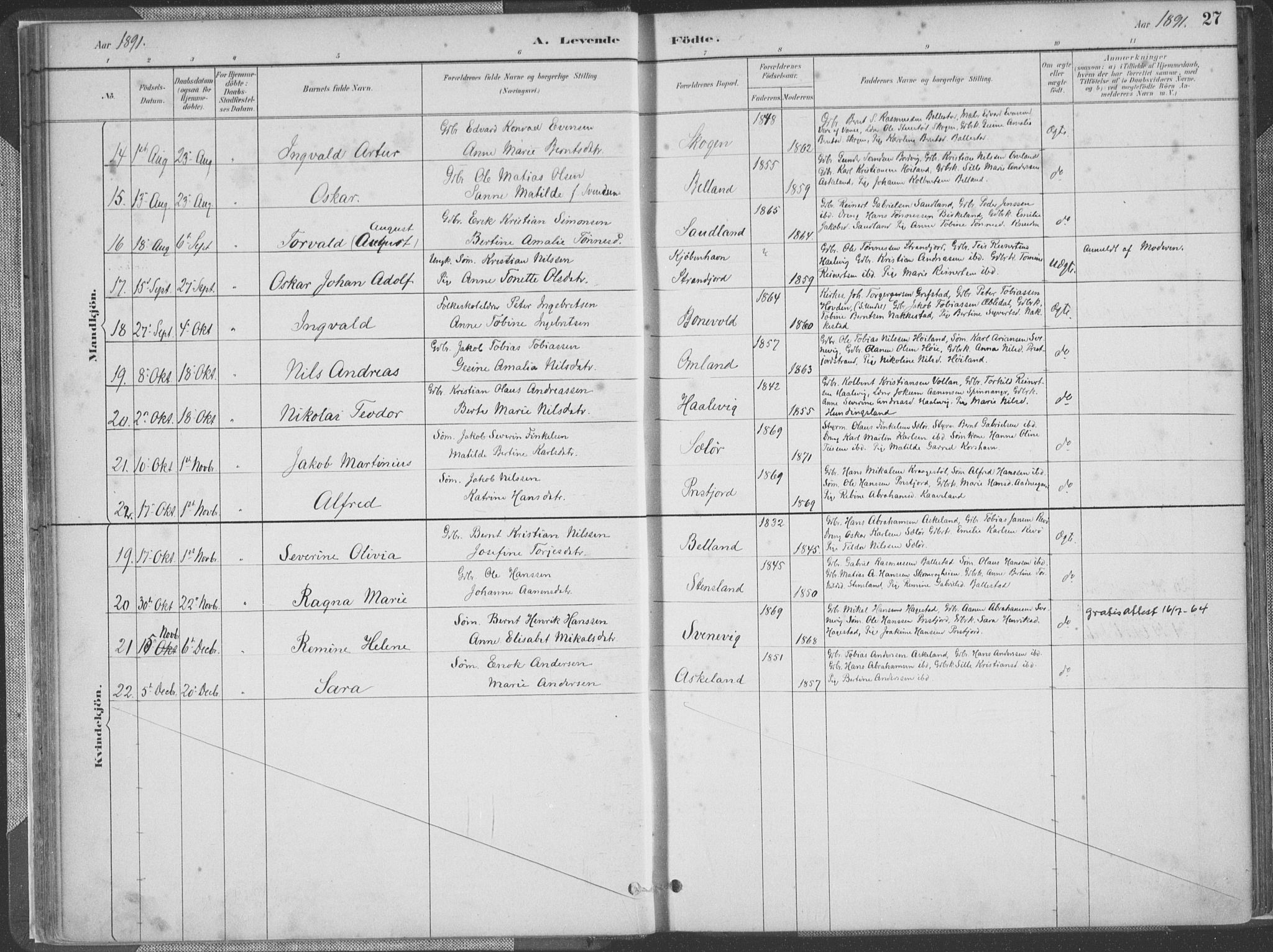 Lyngdal sokneprestkontor, AV/SAK-1111-0029/F/Fa/Faa/L0004: Parish register (official) no. A 4, 1883-1904, p. 27