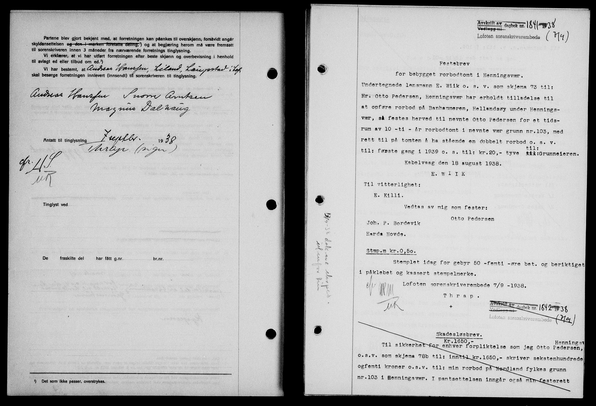 Lofoten sorenskriveri, SAT/A-0017/1/2/2C/L0004a: Mortgage book no. 4a, 1938-1938, Diary no: : 1841/1938