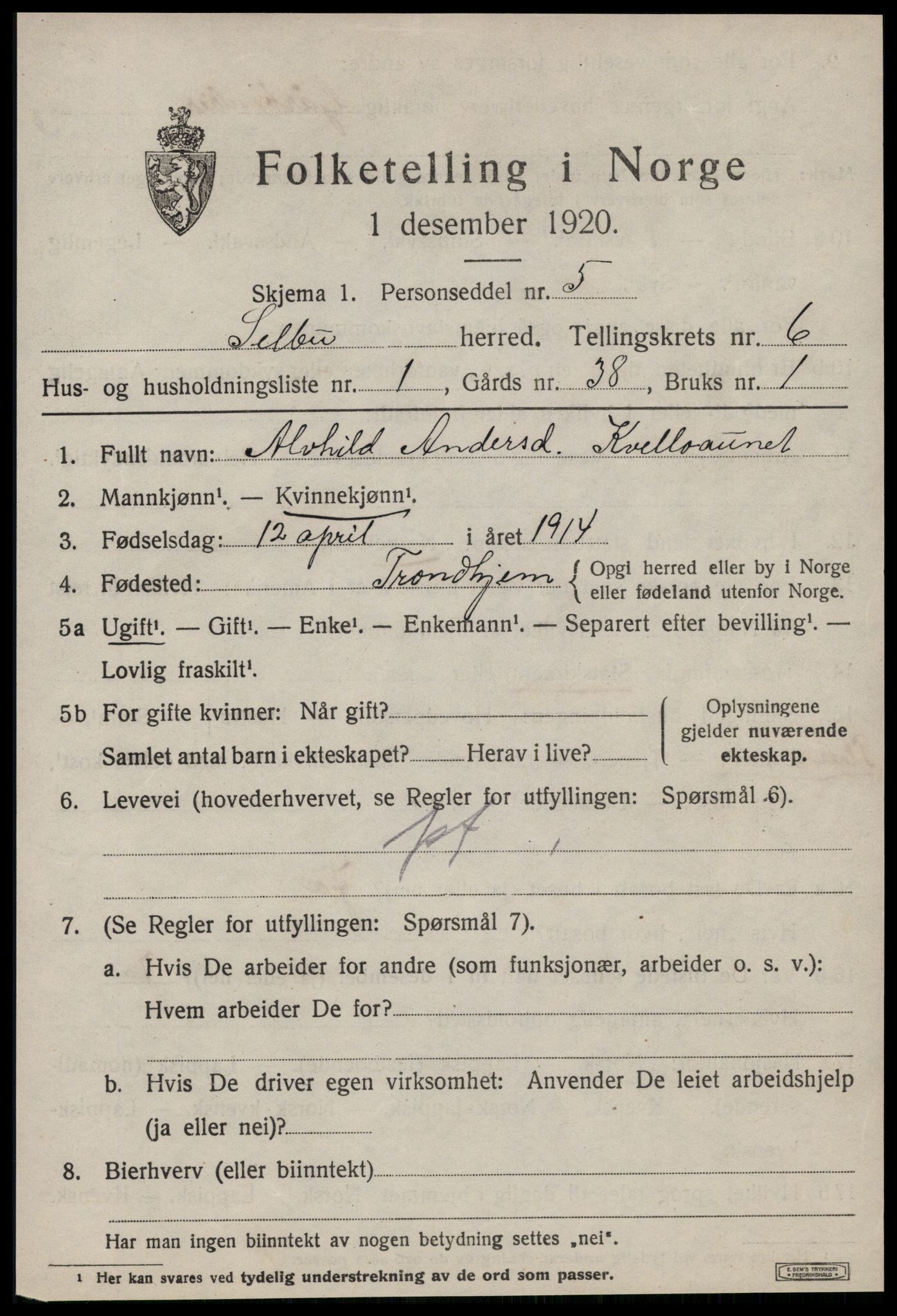 SAT, 1920 census for Selbu, 1920, p. 3490