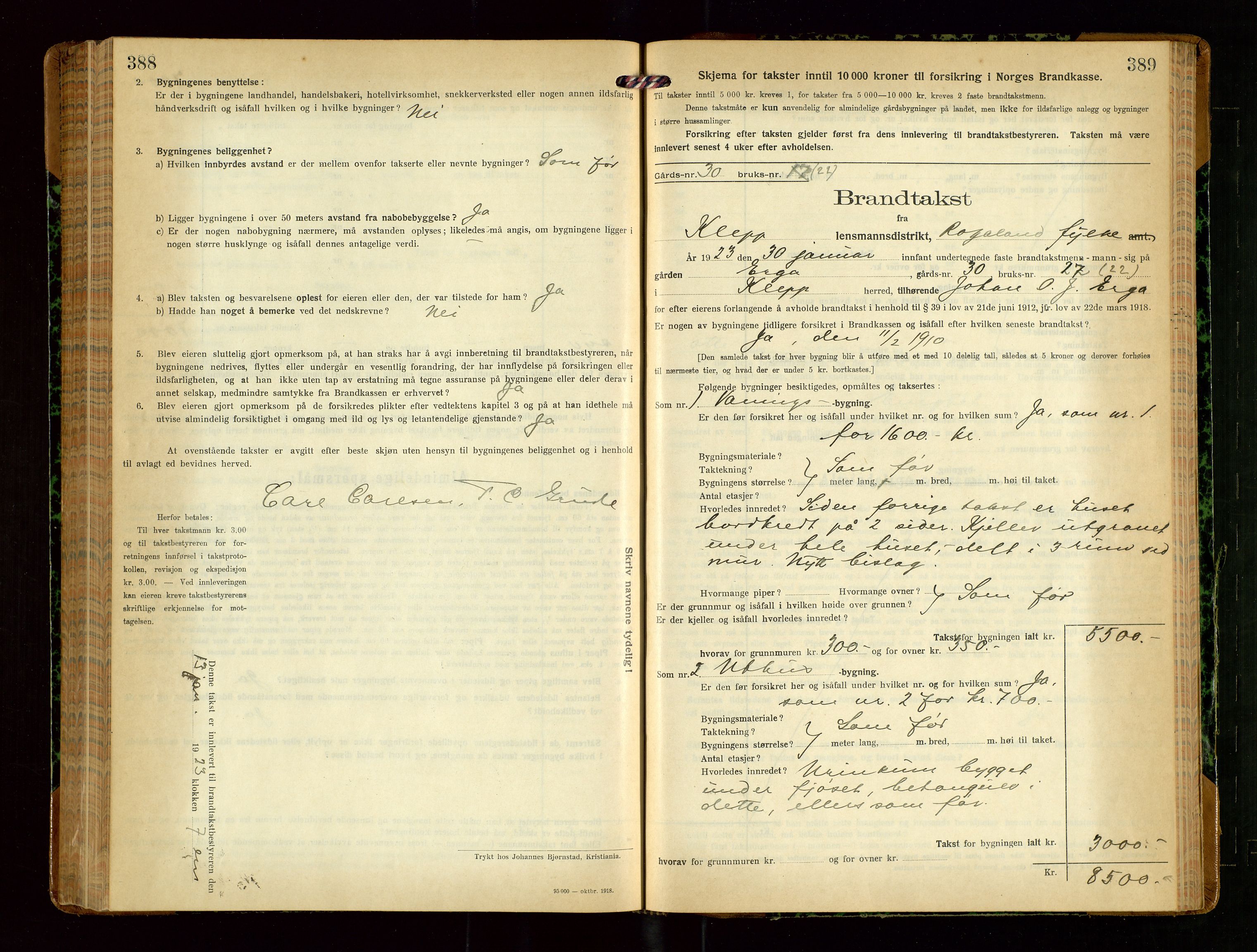 Klepp lensmannskontor, SAST/A-100163/Goc/L0010: "Brandtakstprotokoll" m/register, 1919-1924, p. 388-389